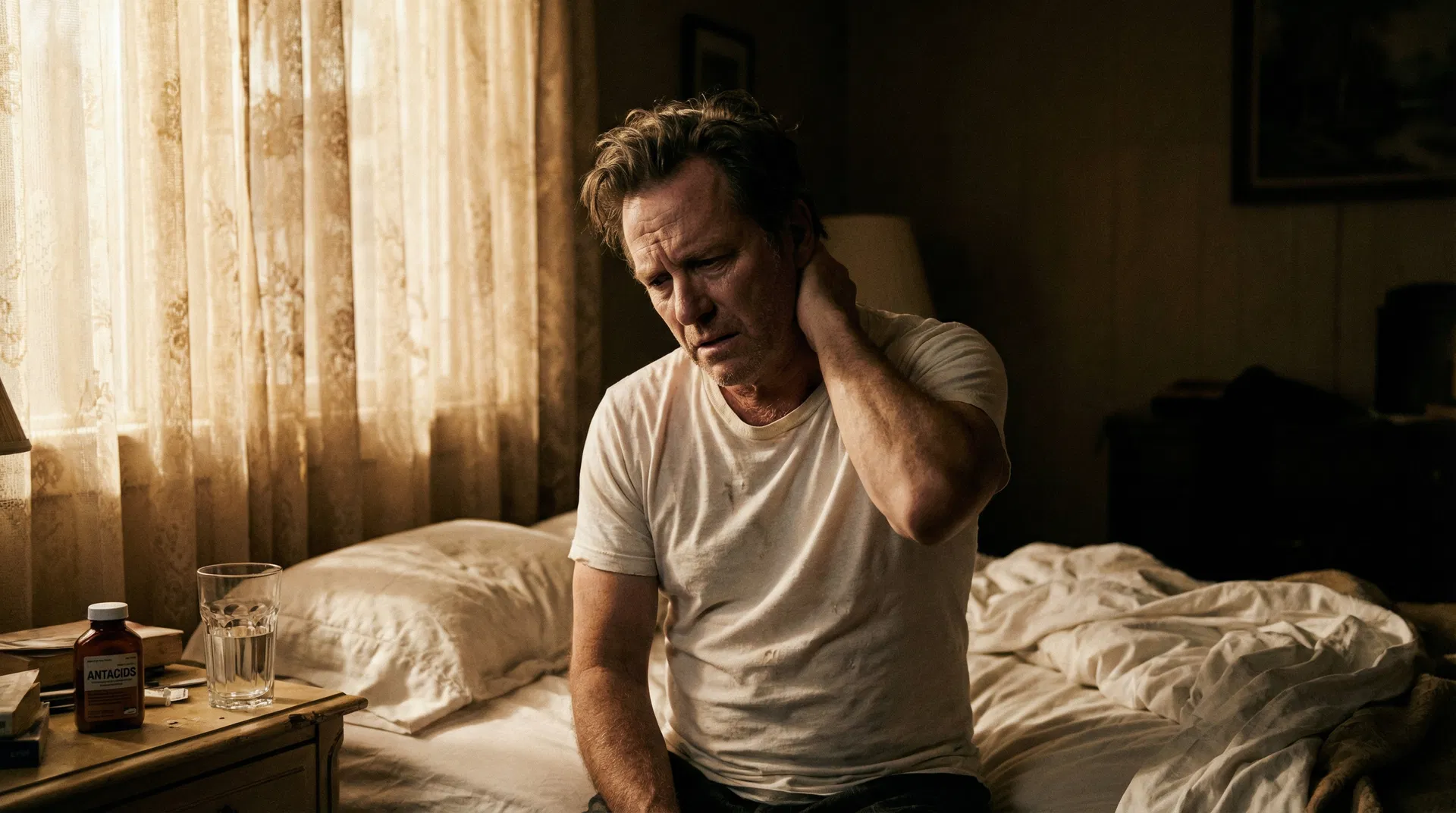 Man sitting on edge of bed holding his neck in pain, early morning