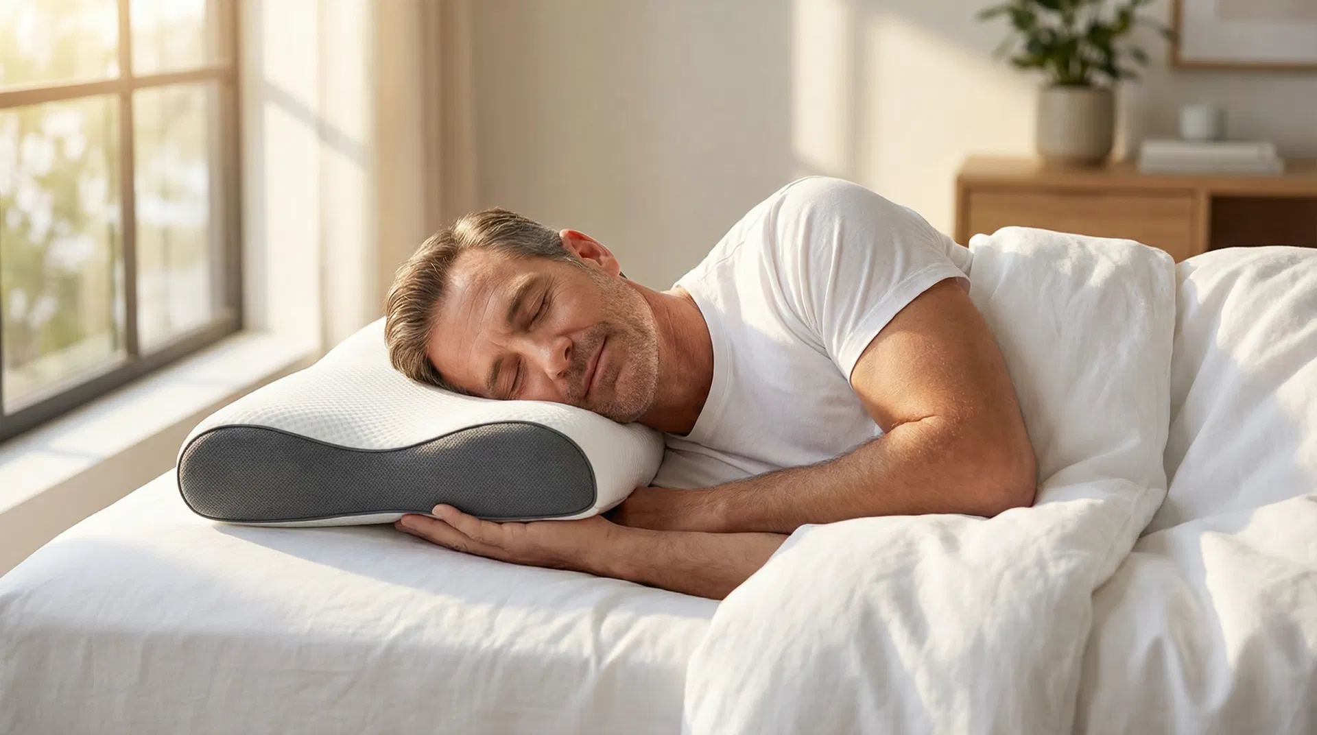 Man sleeping peacefully on Skelda ergonomic pillow with perfect neck alignment
