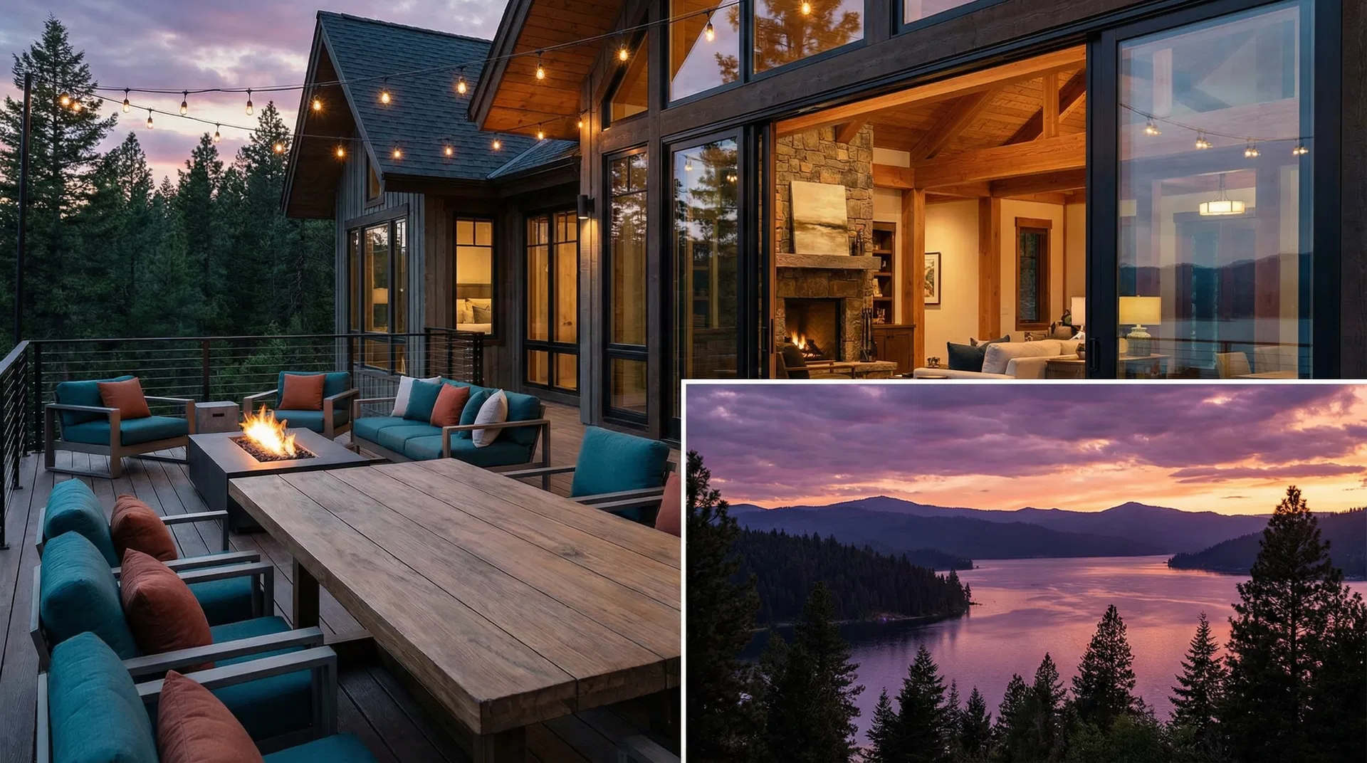 Luxury North Idaho deck at dusk overlooking CDA Lake