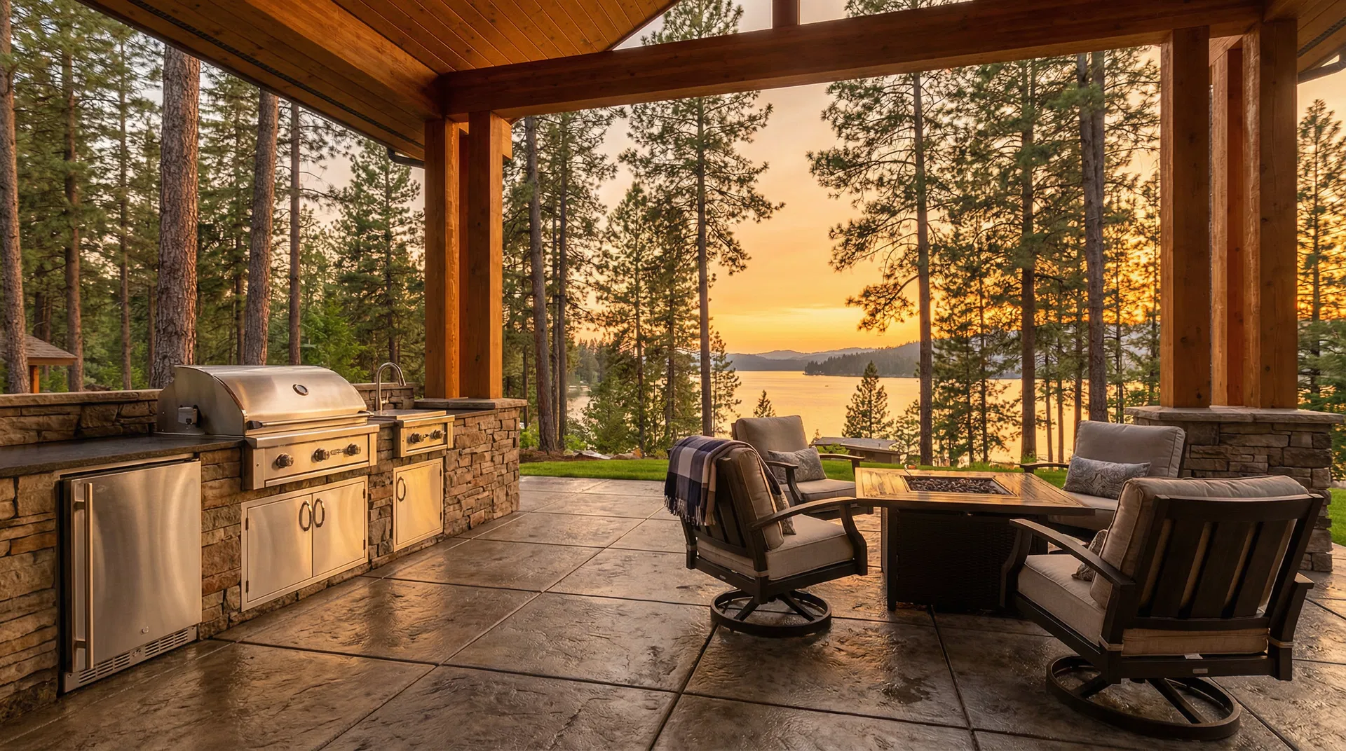 Luxury outdoor living space at sunset — CDA Lake