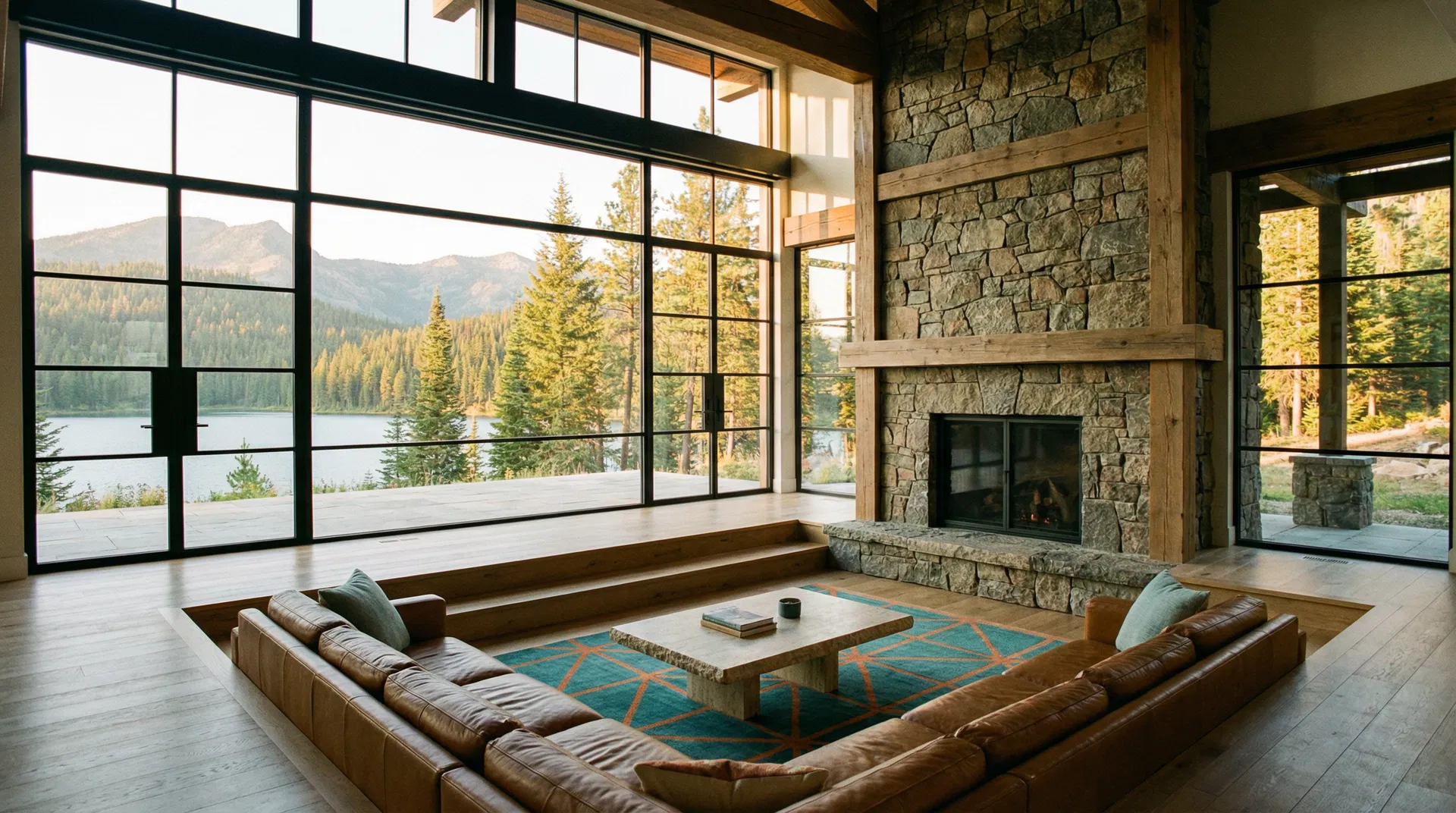 North Idaho luxury mountain home sunken living room with lake view
