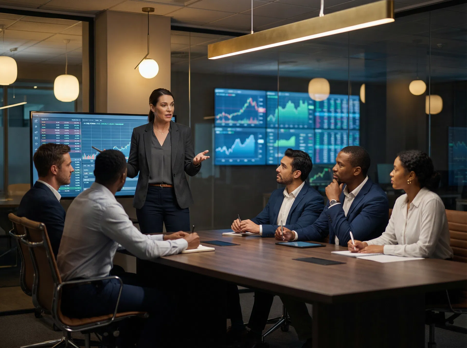 Professional woman presenting to a group of colleagues