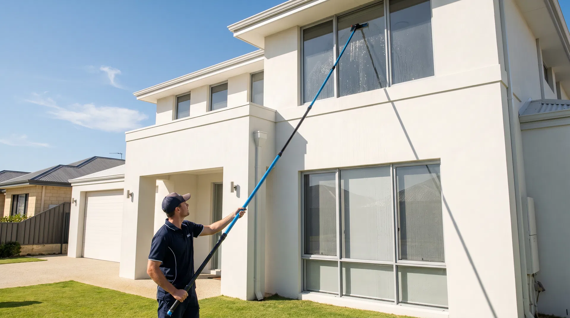 Pure-water reach-pole window cleaning, no ladders