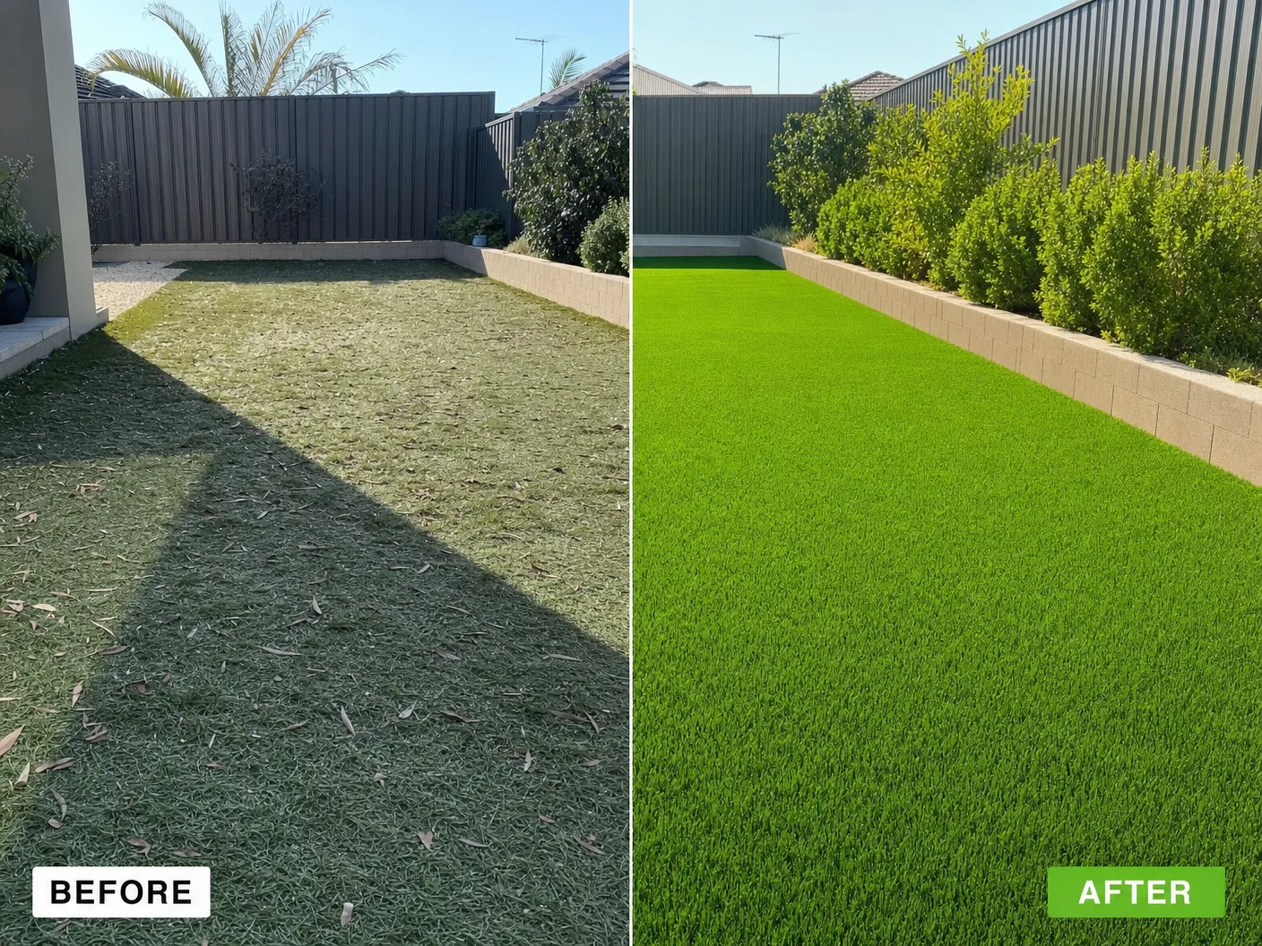 Before and after artificial turf restoration in a Perth backyard