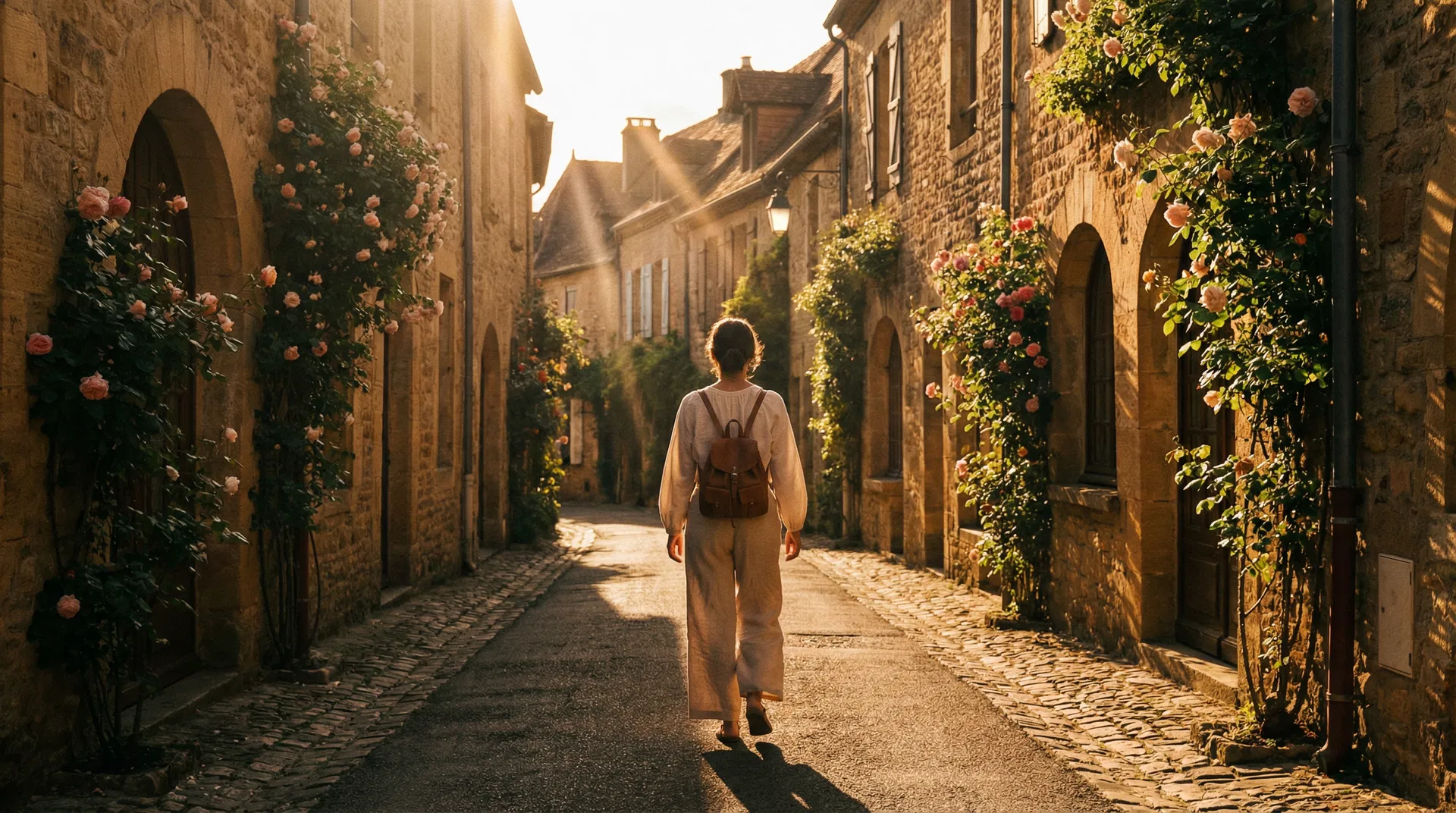 Woman walking through medieval French village