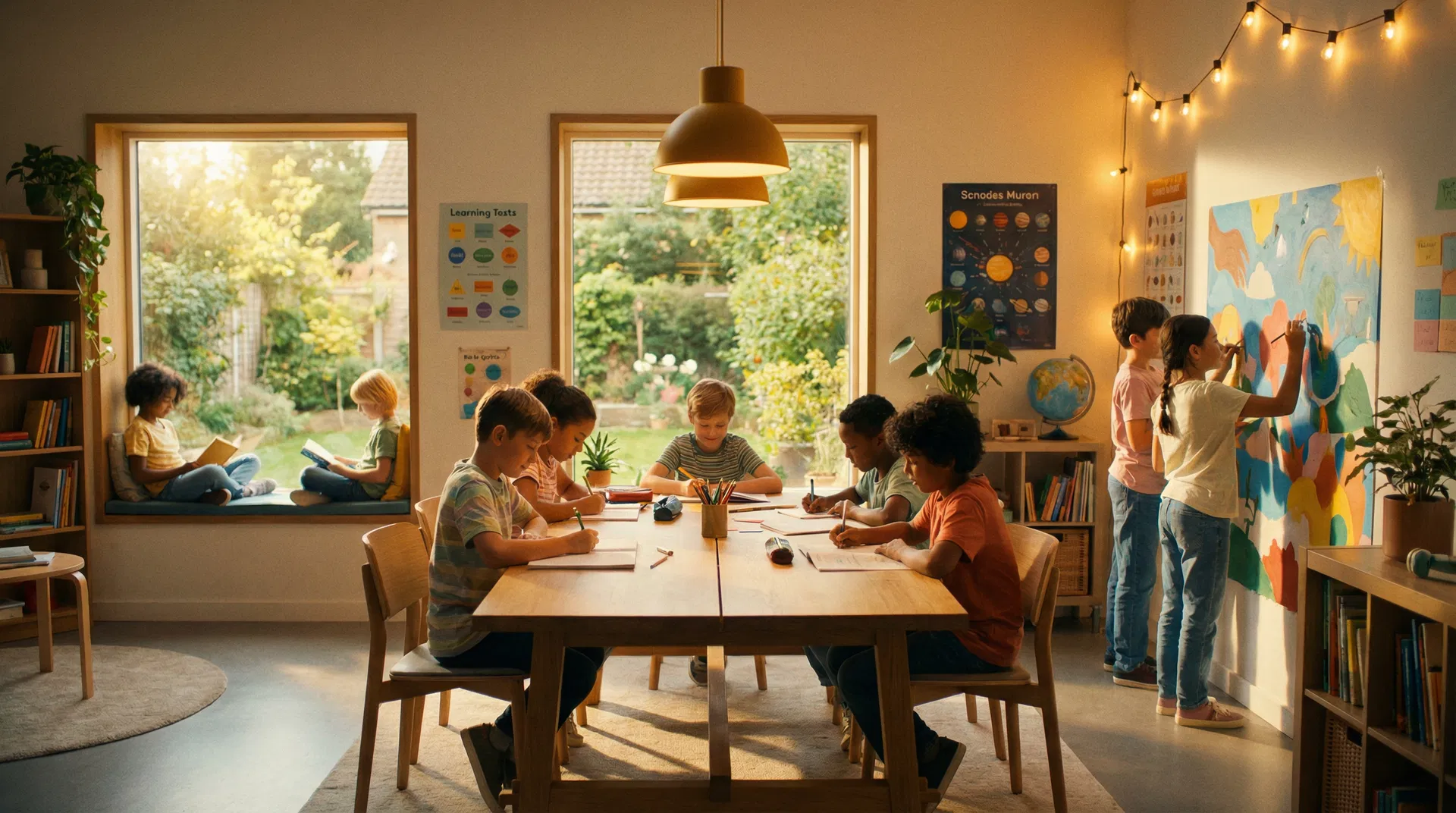 Children learning in a bright classroom