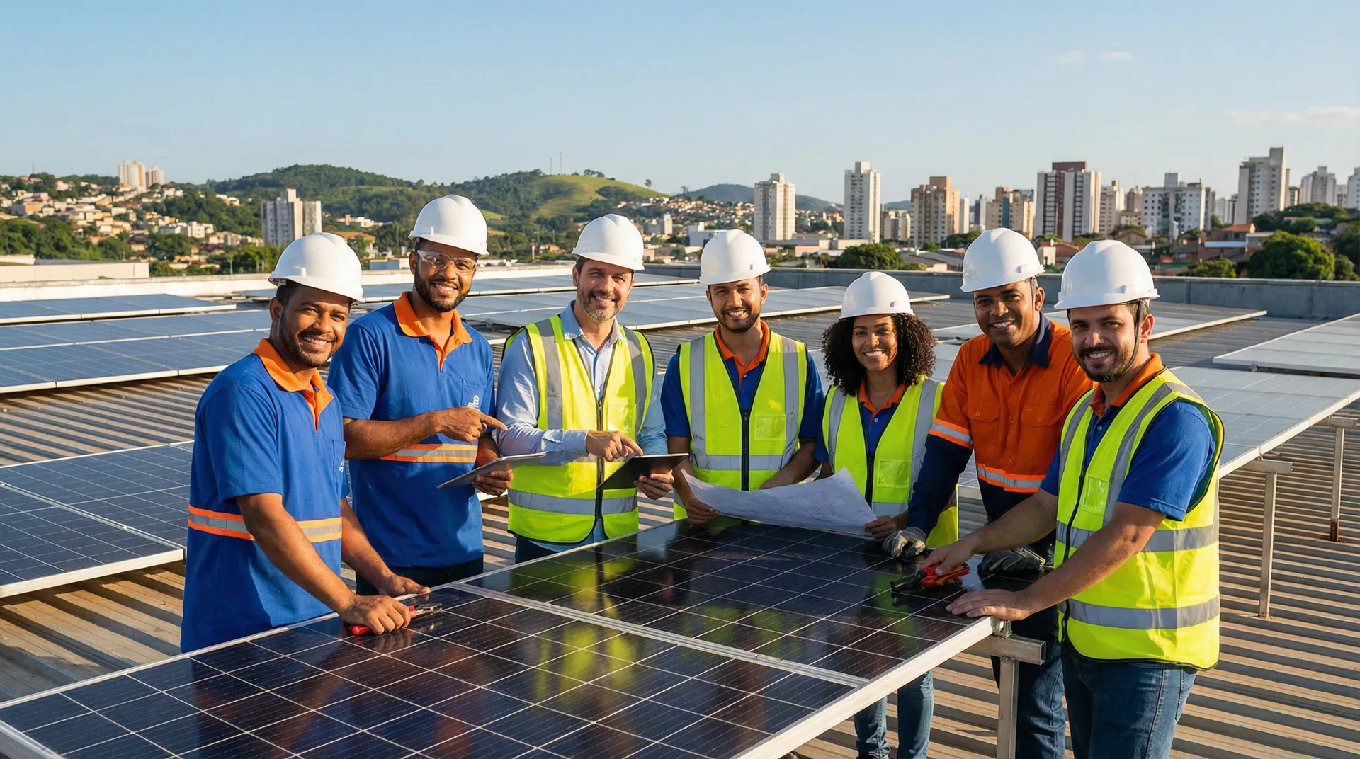 Equipe PGM Solar trabalhando em instalação de painéis solares