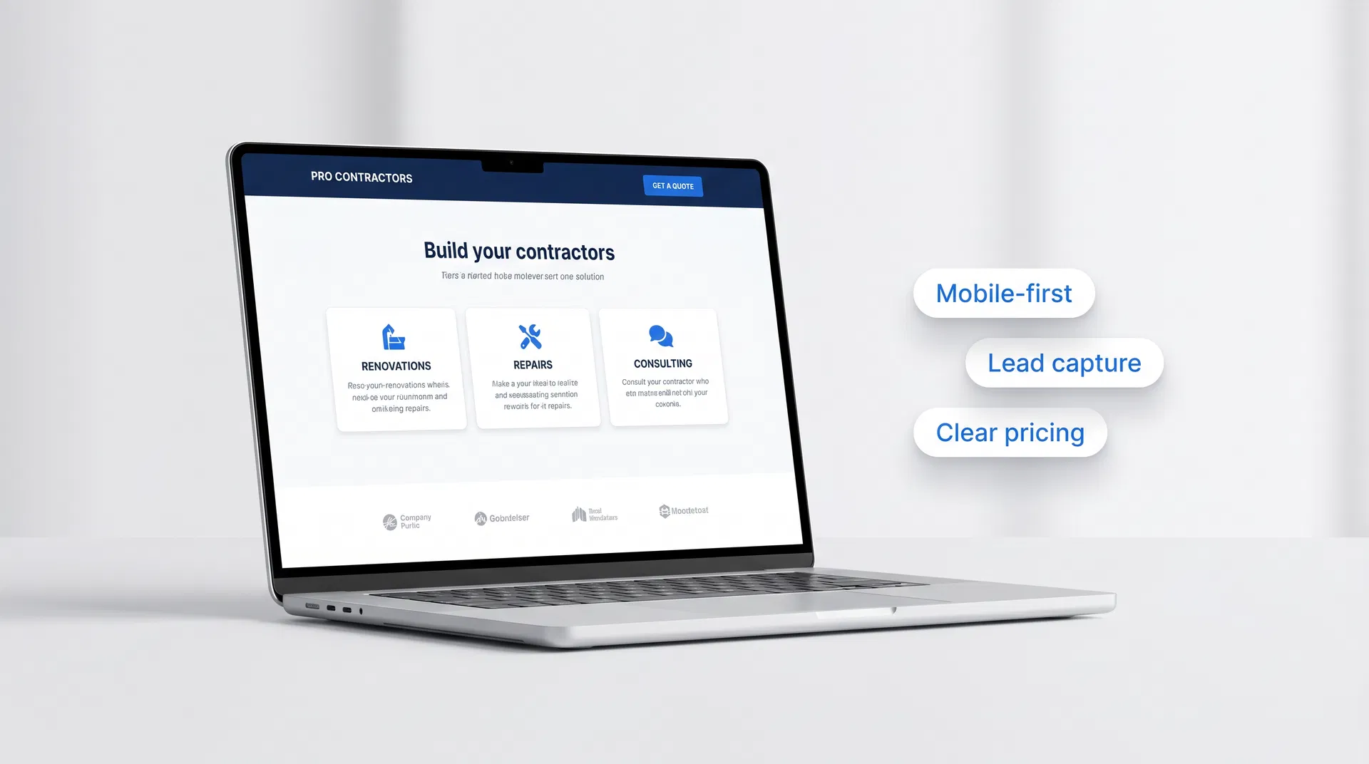 Professional contractor website displayed on a laptop