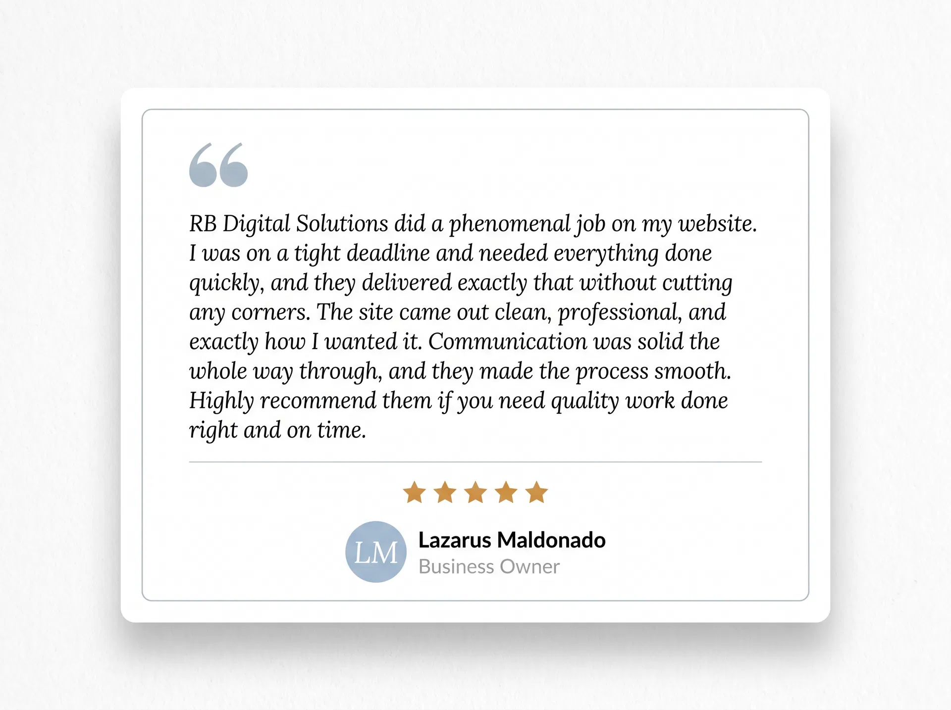 Testimonial card from Lazarus Maldonado