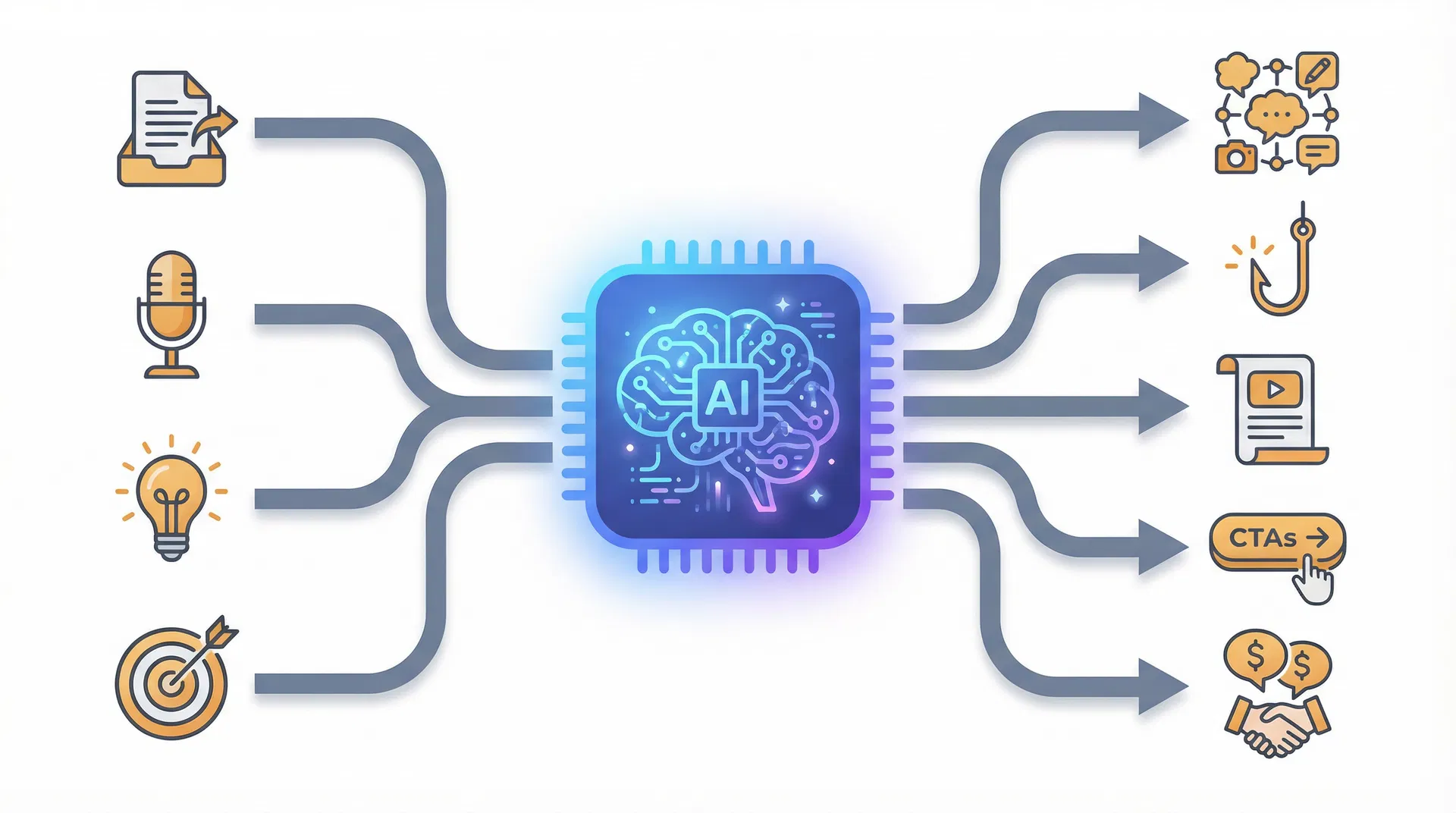 Diagrama del sistema: inputs personalizados → IA → outputs (ideas, hooks, scripts, CTAs, ventas)
