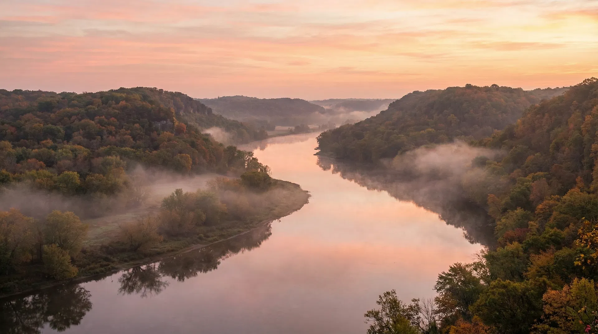 Serene Wisconsin river valley at sunrise — mist rising from the water, bluffs on both sides, representing new beginnings in the Driftless Area