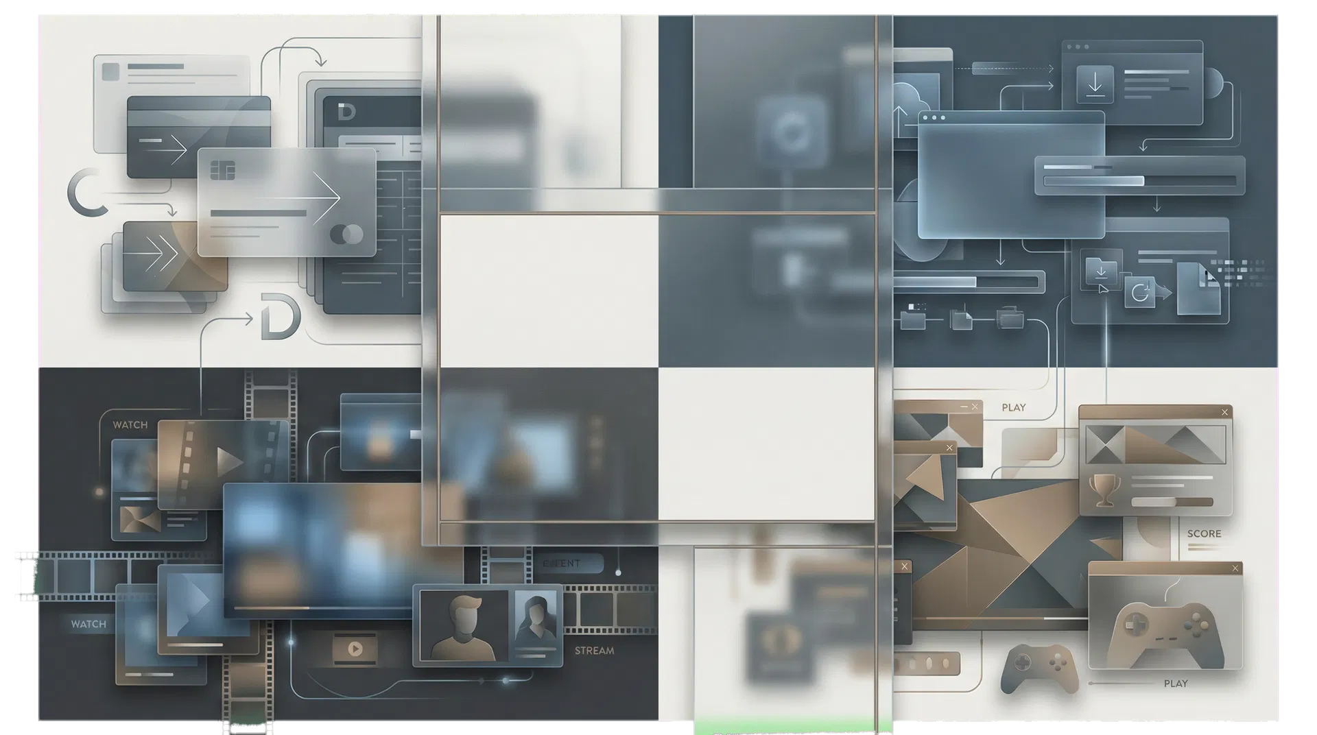 Collage representing coupon, short drama, gaming, and download content categories