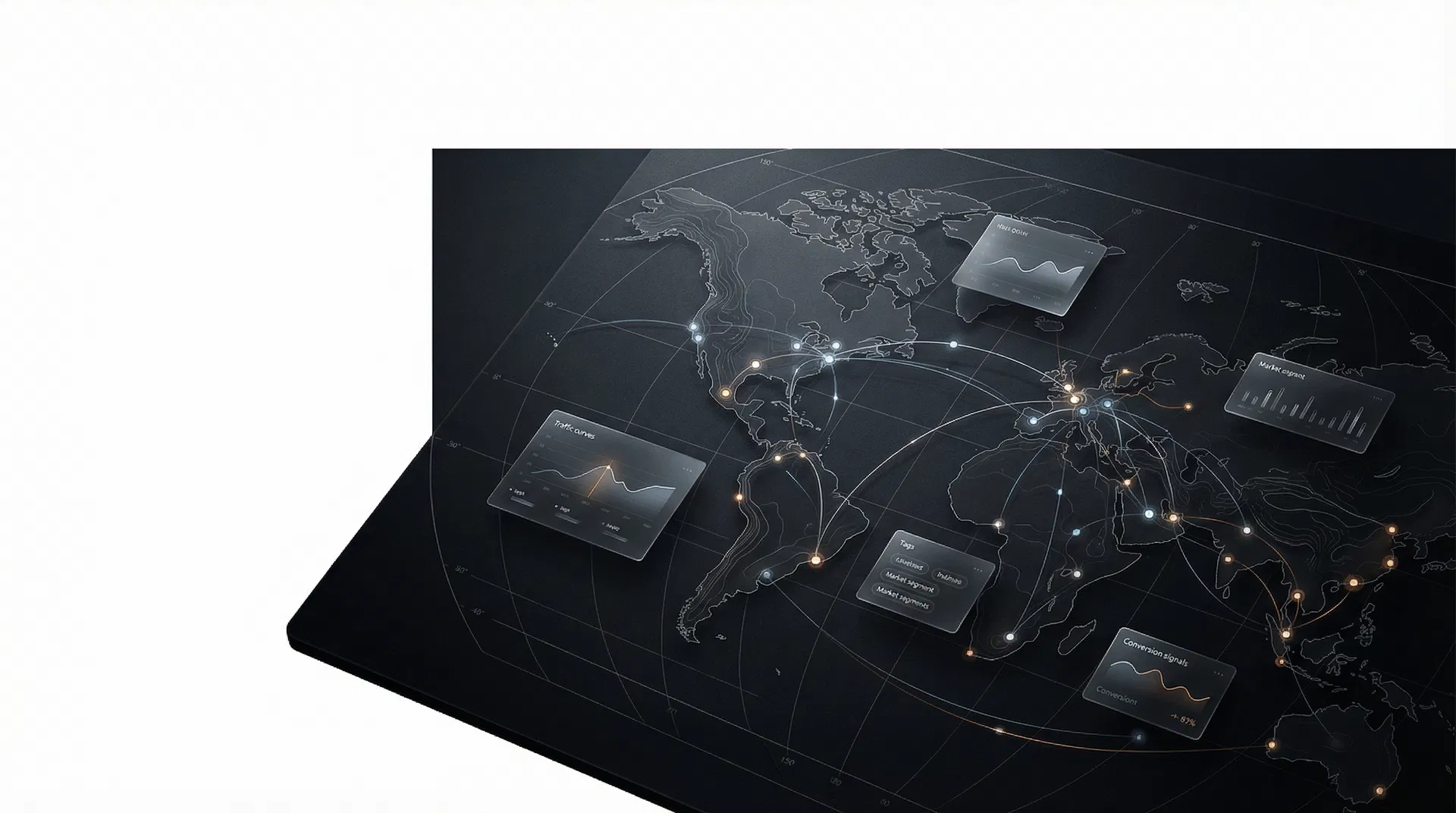 Abstract editorial visualization of a global web matrix operating across markets