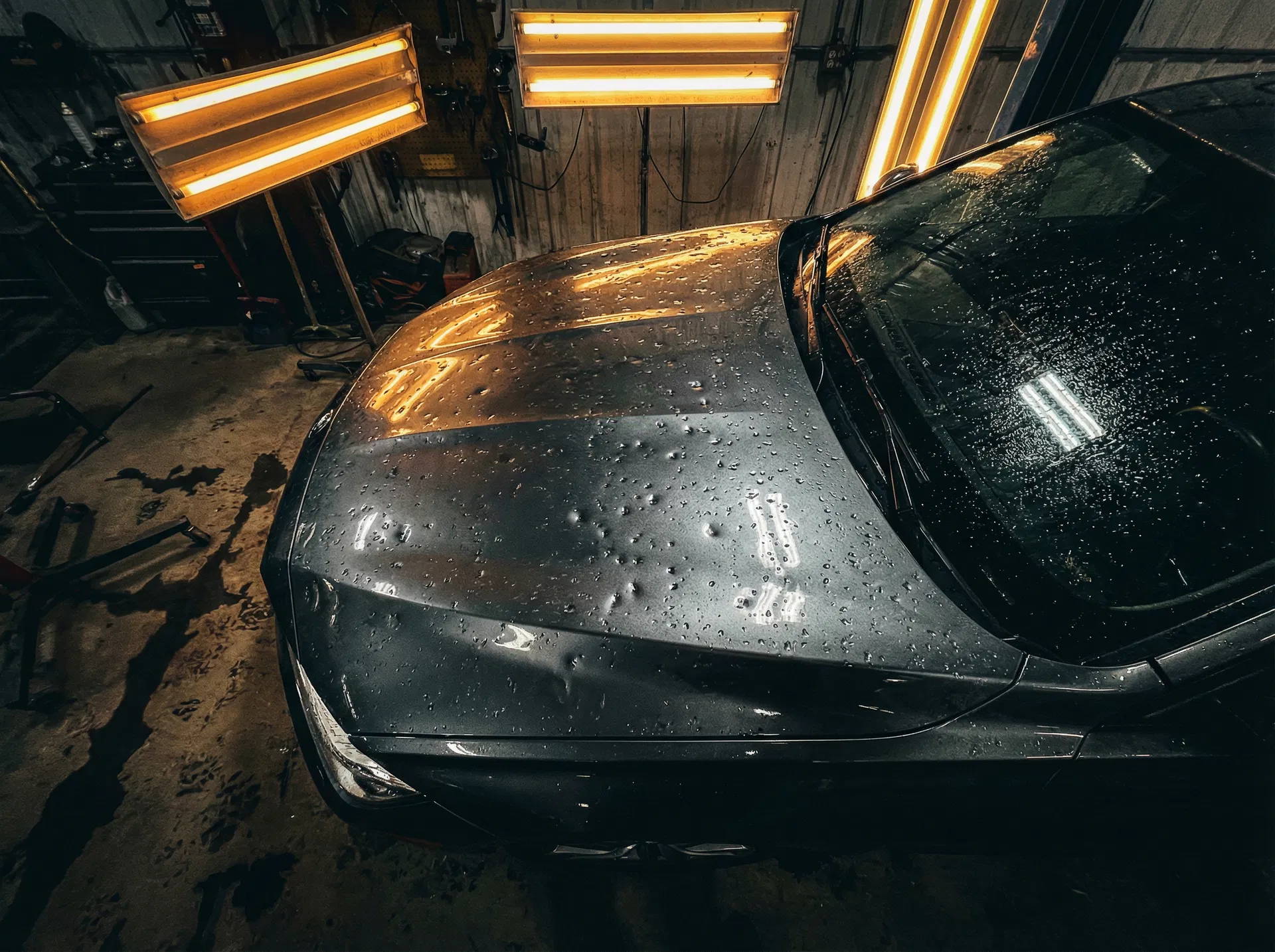 Hail damaged car hood