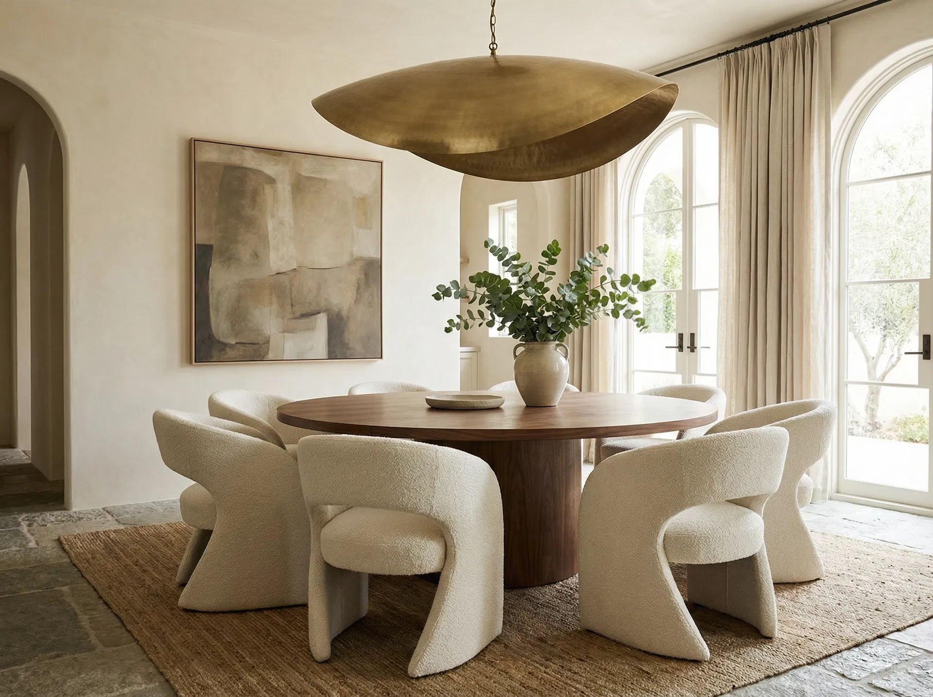 Neo-Deco dining: curved bouclé chairs, sculptural brass pendant, and warm walnut — sophistication without stiffness.