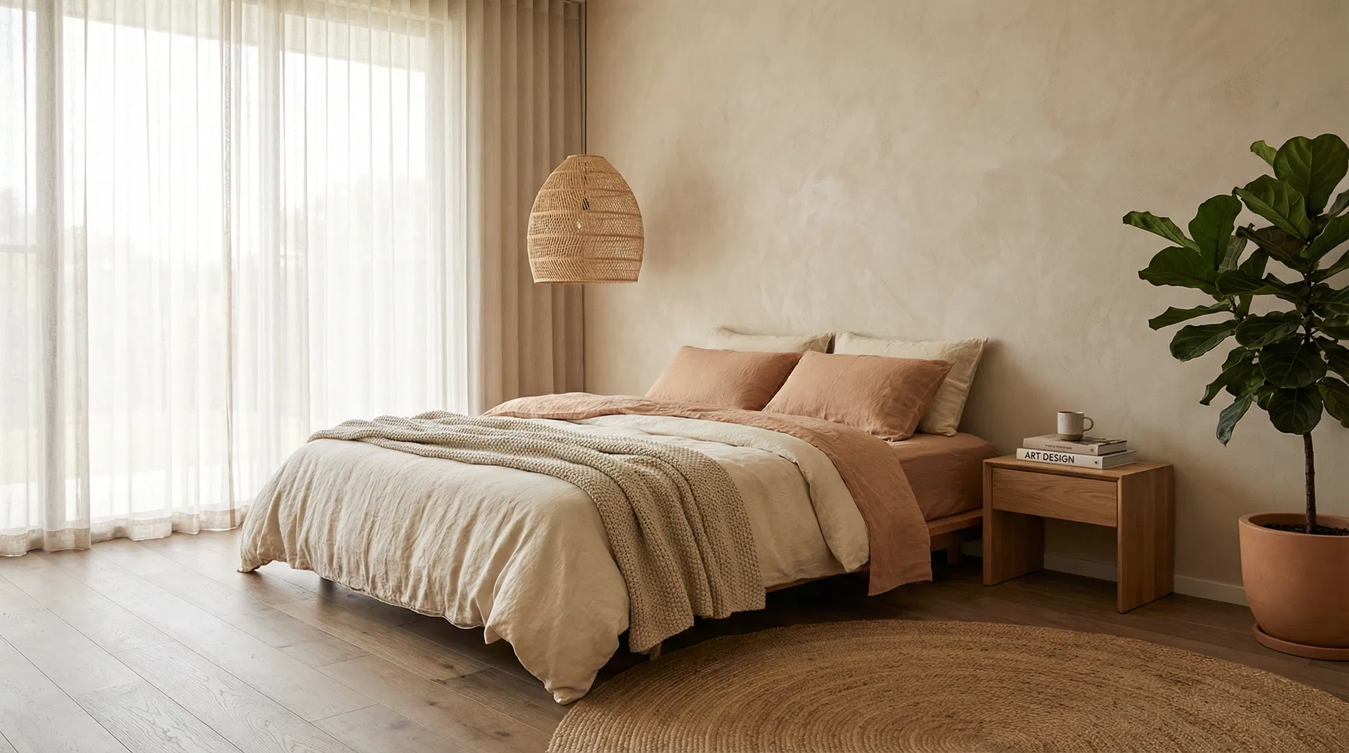 Sanctuary staging: linen, rattan, and warm clay tones create the biological feeling of 'home.'
