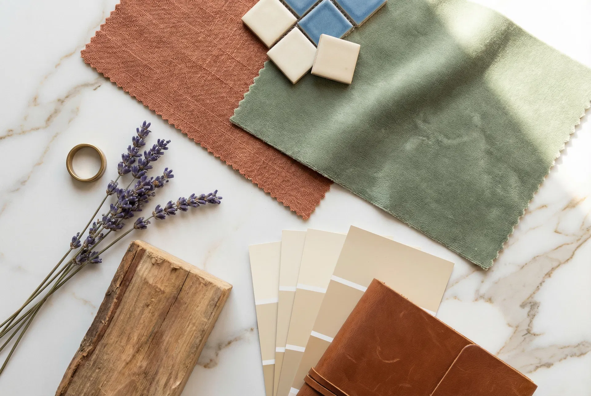 The 2026 palette: terracotta, sage, warm neutrals, and natural textures replace cold grays and chrome.