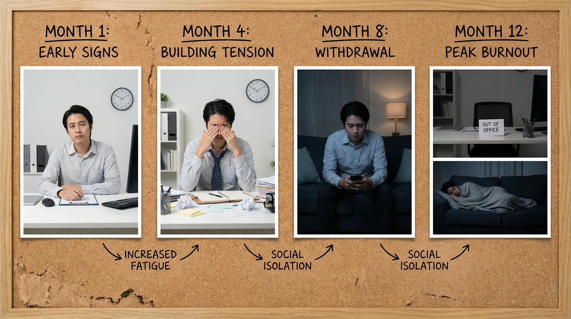 Timeline showing gradual progression of burnout over months