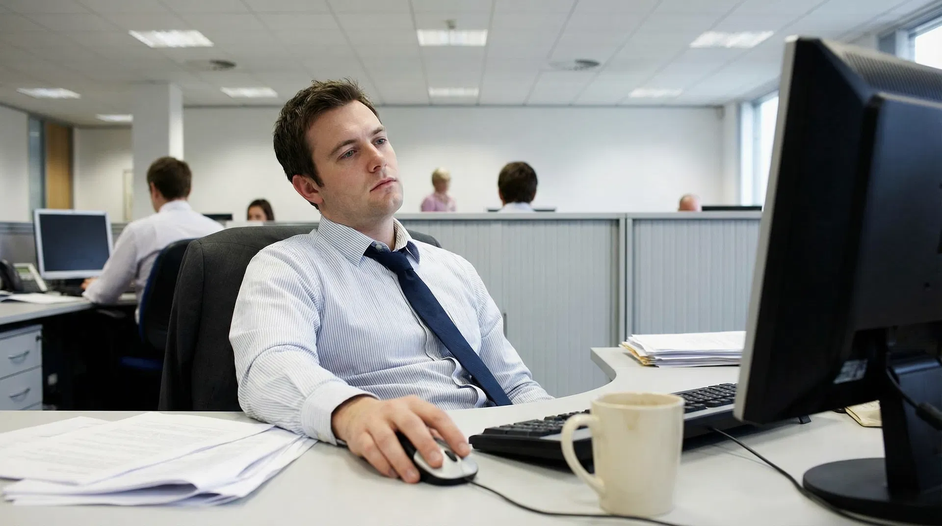 Employee sitting at desk, mentally checked out, going through the motions