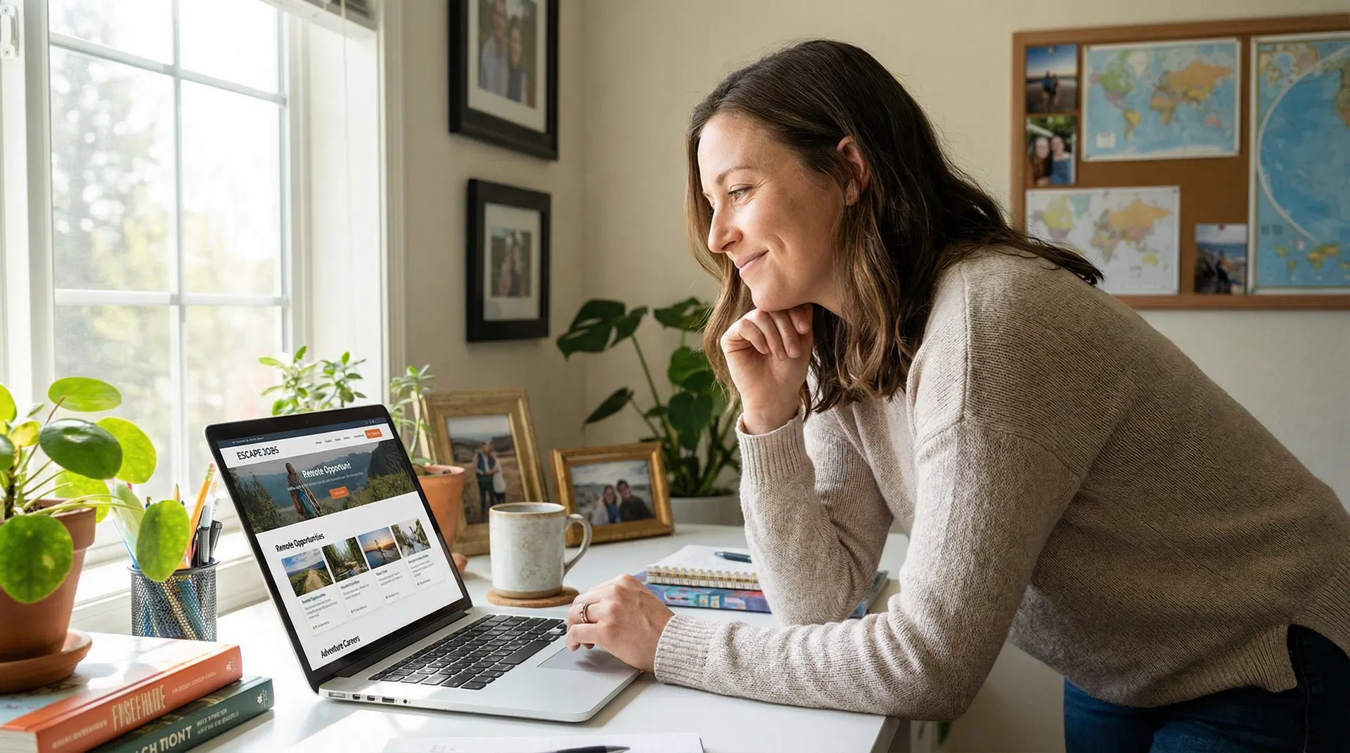 Person browsing job listings on laptop, looking hopeful and searching for escape