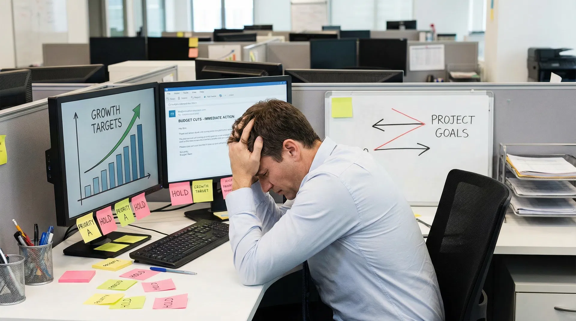 Person at desk overwhelmed by conflicting demands and misaligned expectations