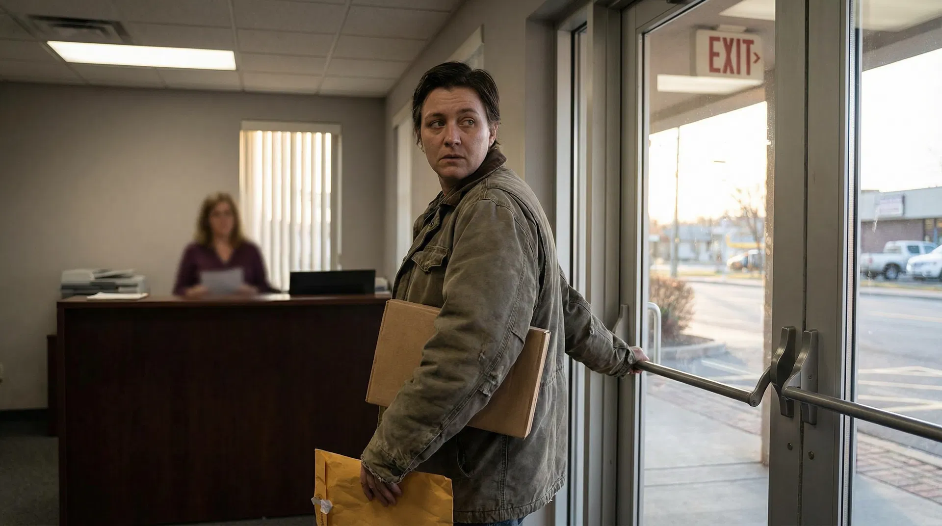 Person walking away from office building, final moment of departure