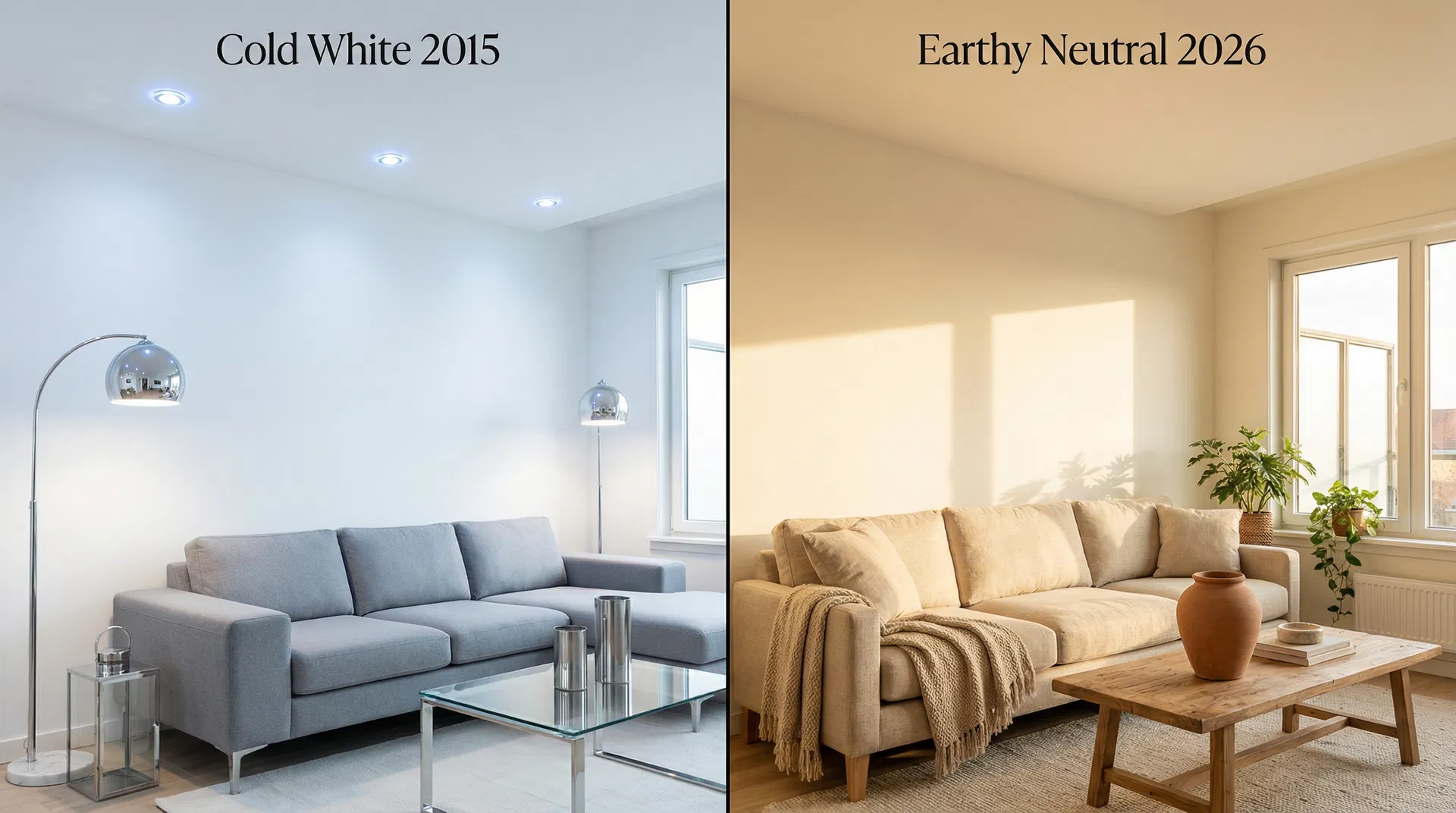 Cold White 2015 vs Earthy Neutral 2026 — side by side staging comparison