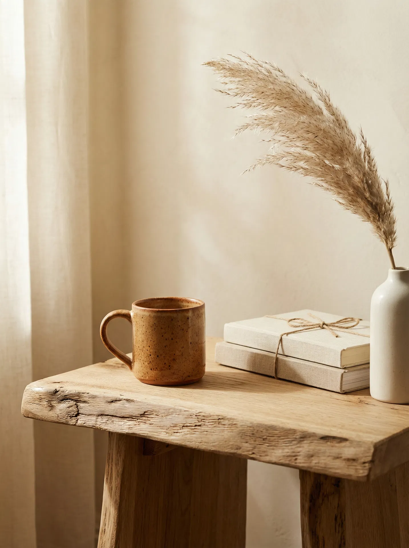 Earthy neutral vignette — hand-thrown ceramic mug, linen books, pampas grass on raw oak side table