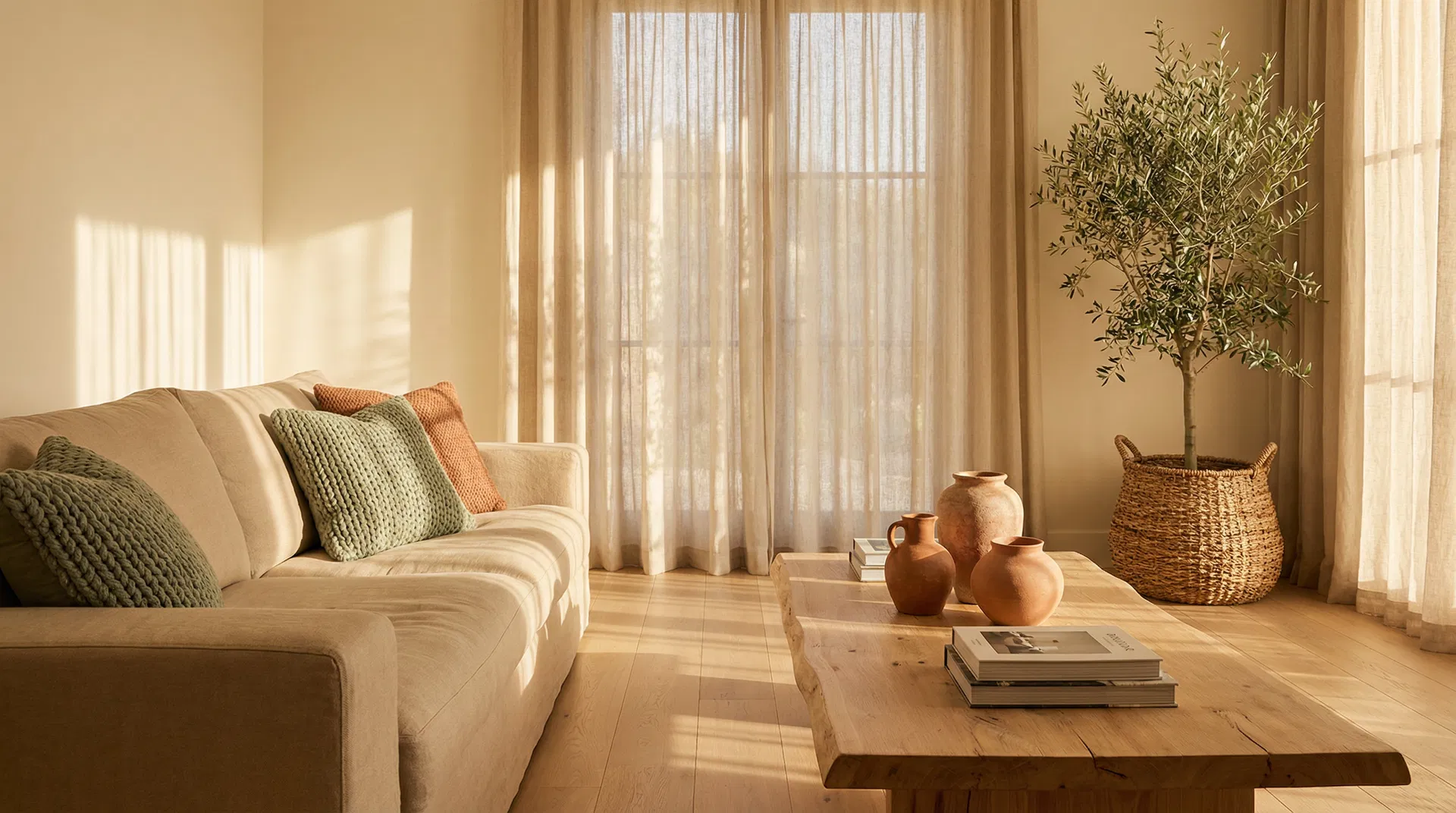 Warm earthy neutral living room with creamy ivory walls, terracotta vases, and natural wood — the 2026 staging palette