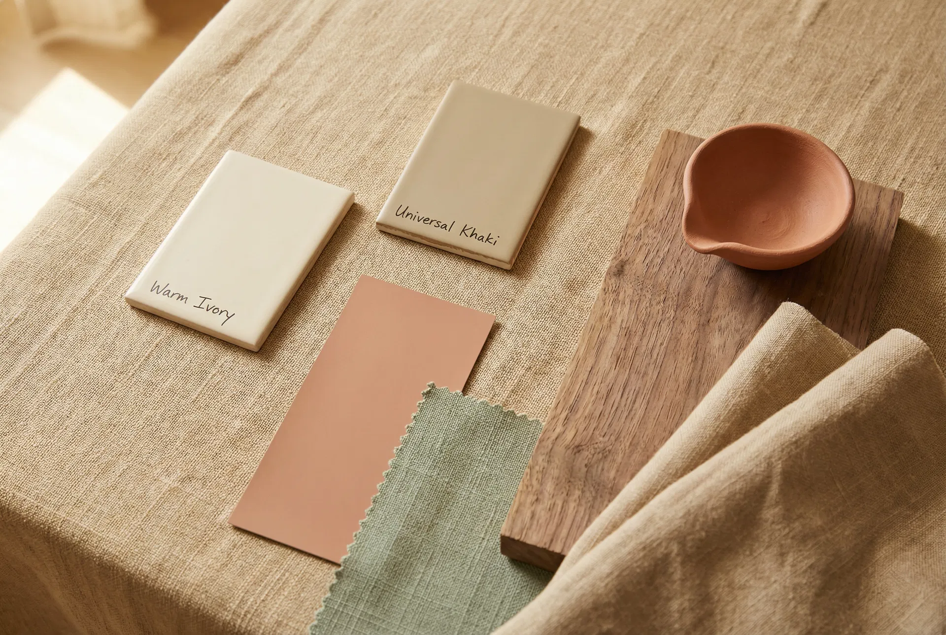 Earthy neutral paint swatches and material samples — Warm Ivory, Universal Khaki, terracotta, sage, and walnut wood