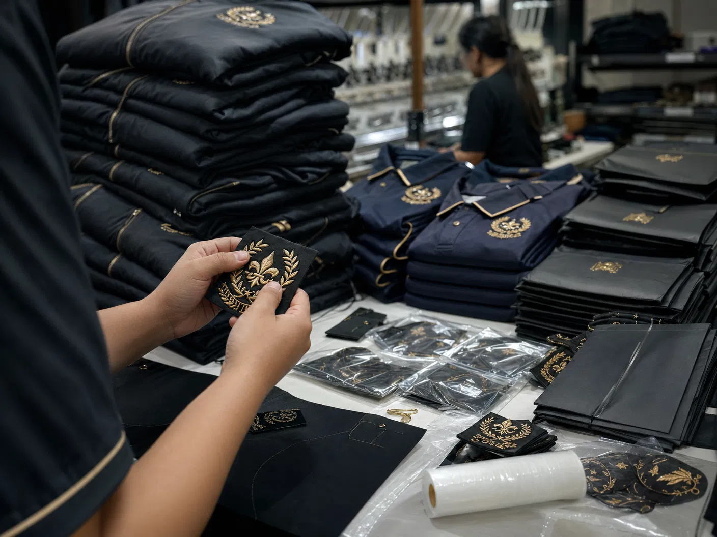 Bulk embroidered uniform order being prepared in the workshop