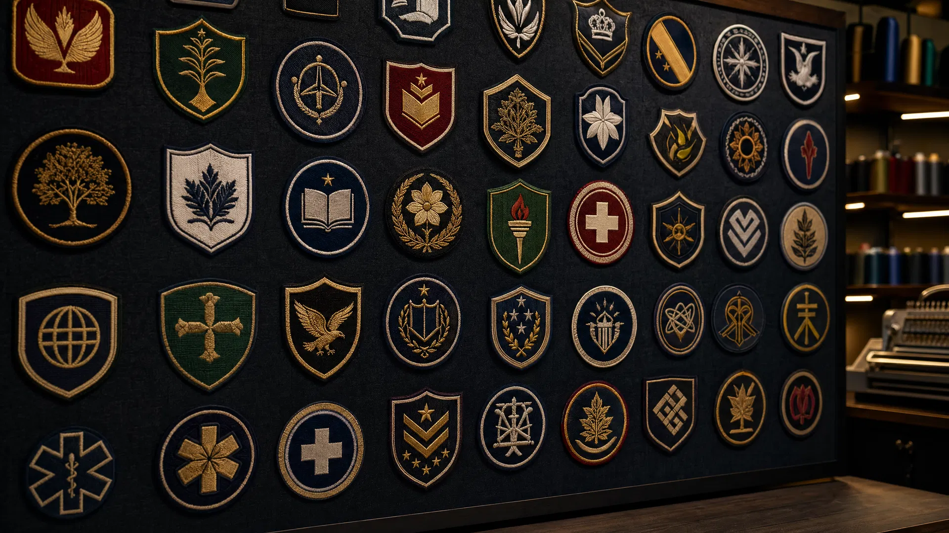 Portfolio-style wall of embroidered patches and sample insignias