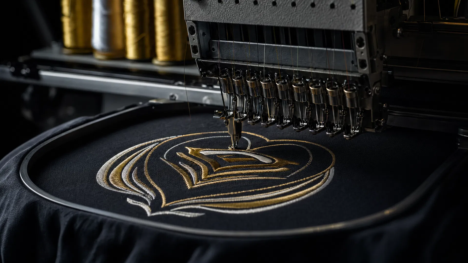 Industrial embroidery machine producing gold embroidery on dark fabric