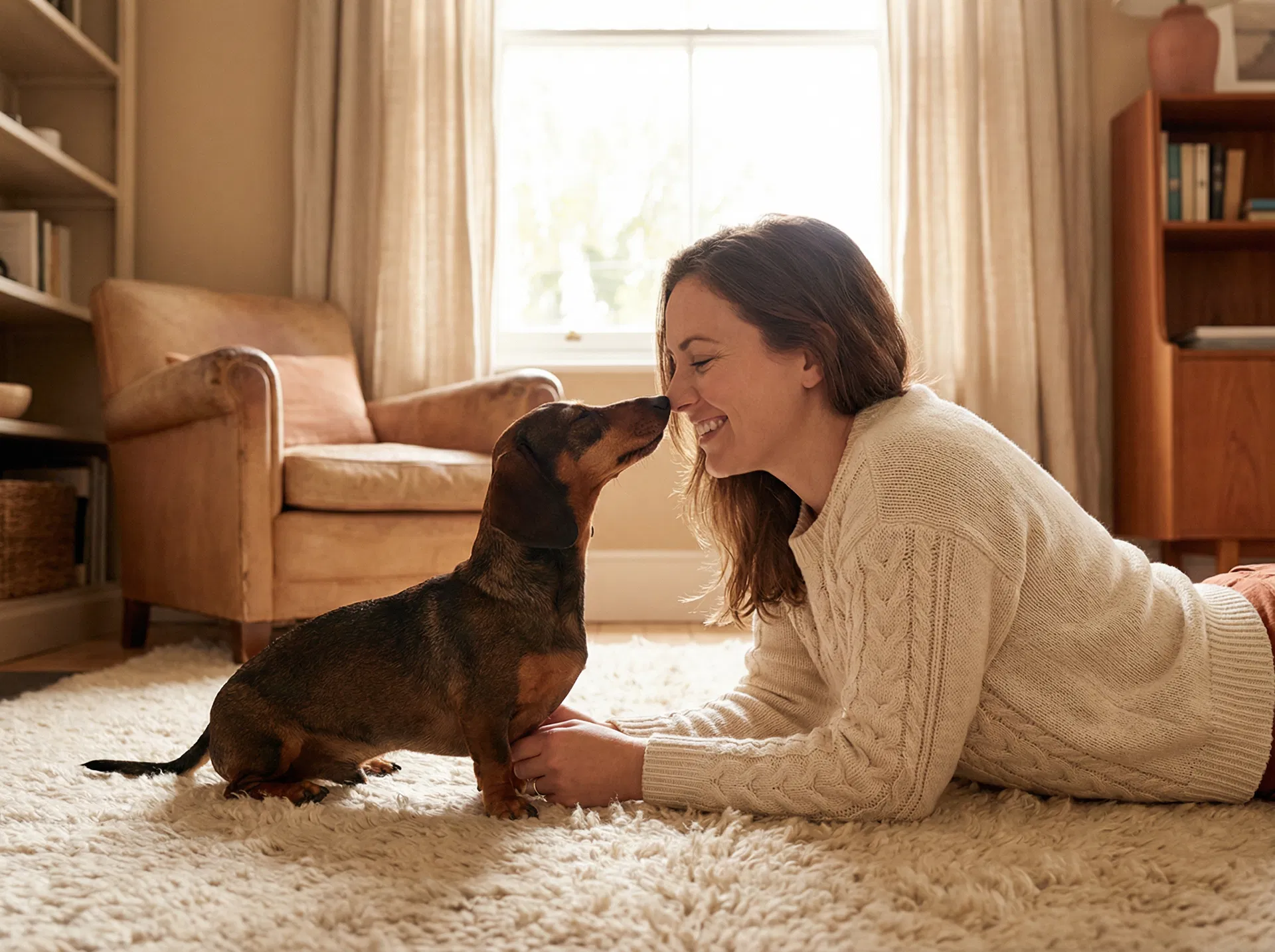 Owner and dachshund sharing a genuine bonding moment