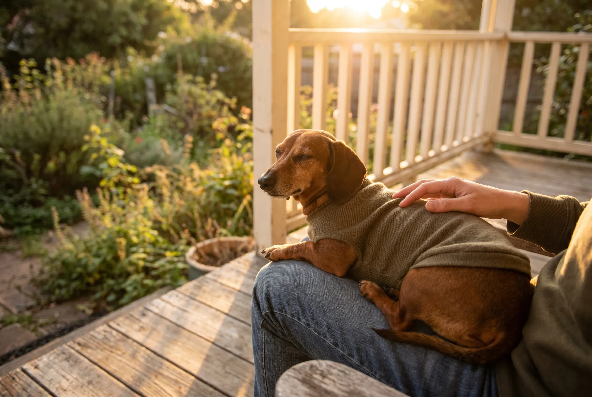 Calm dachshund relaxing with owner at sunset