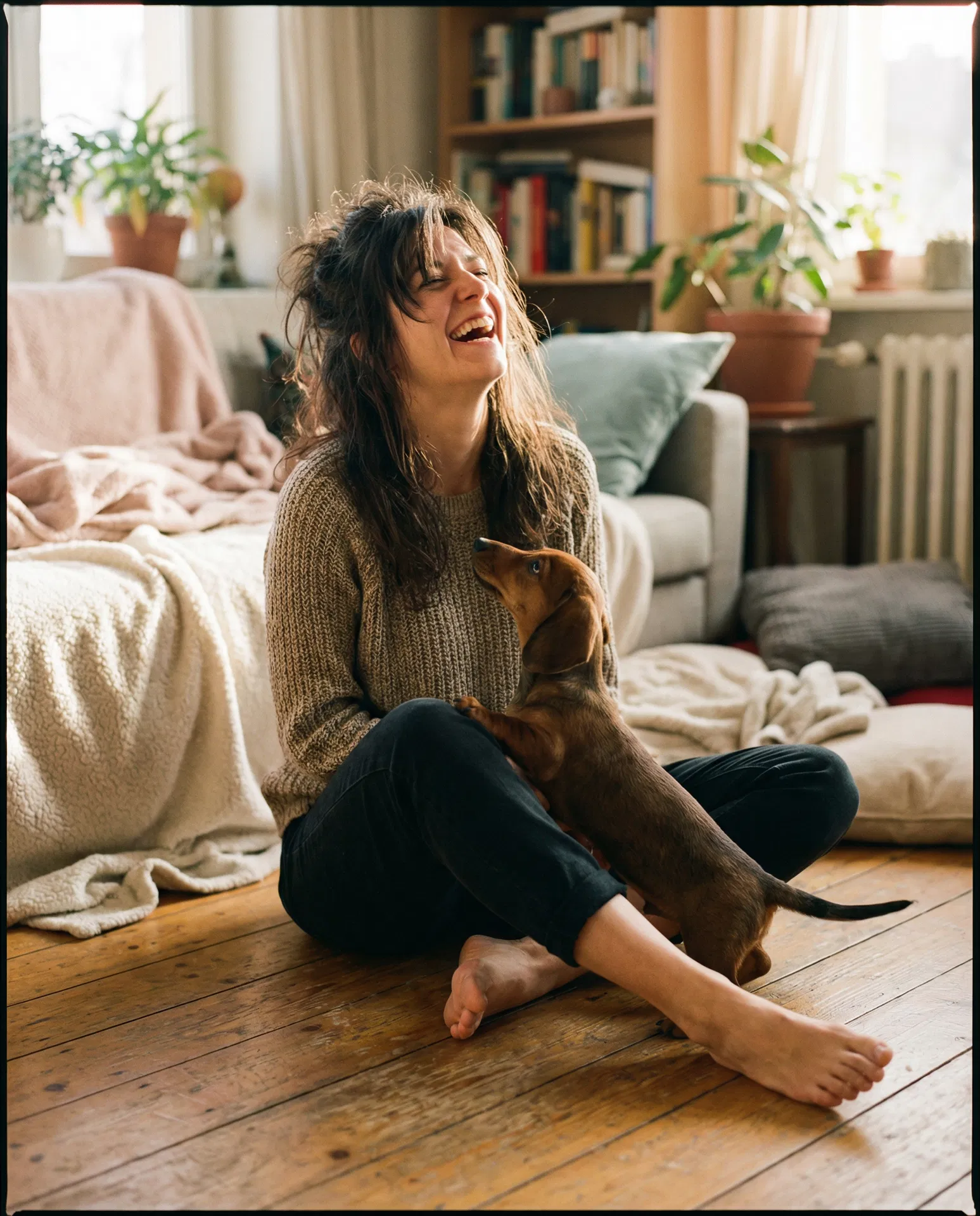 Happy dachshund owner