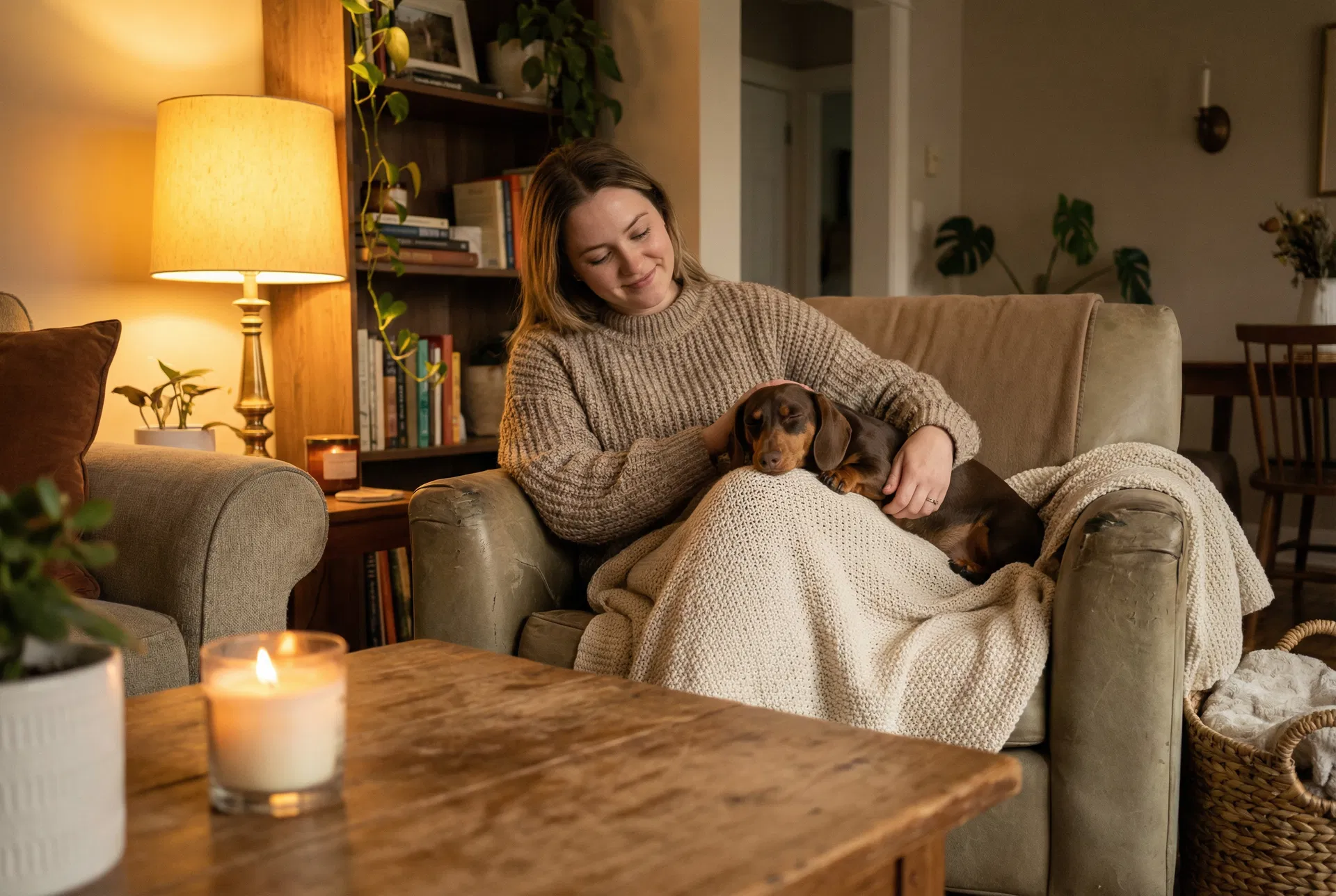 Calm dachshund cuddled on couch with owner