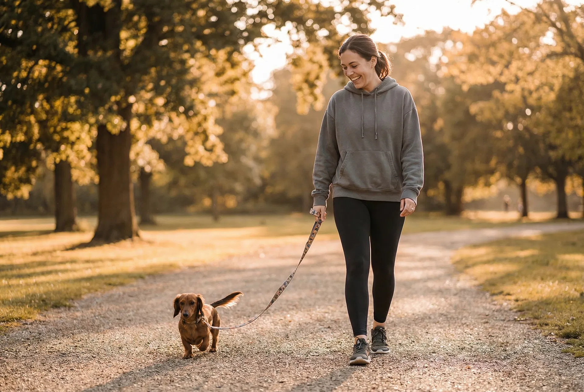 Happy owner walking calmly with dachshund
