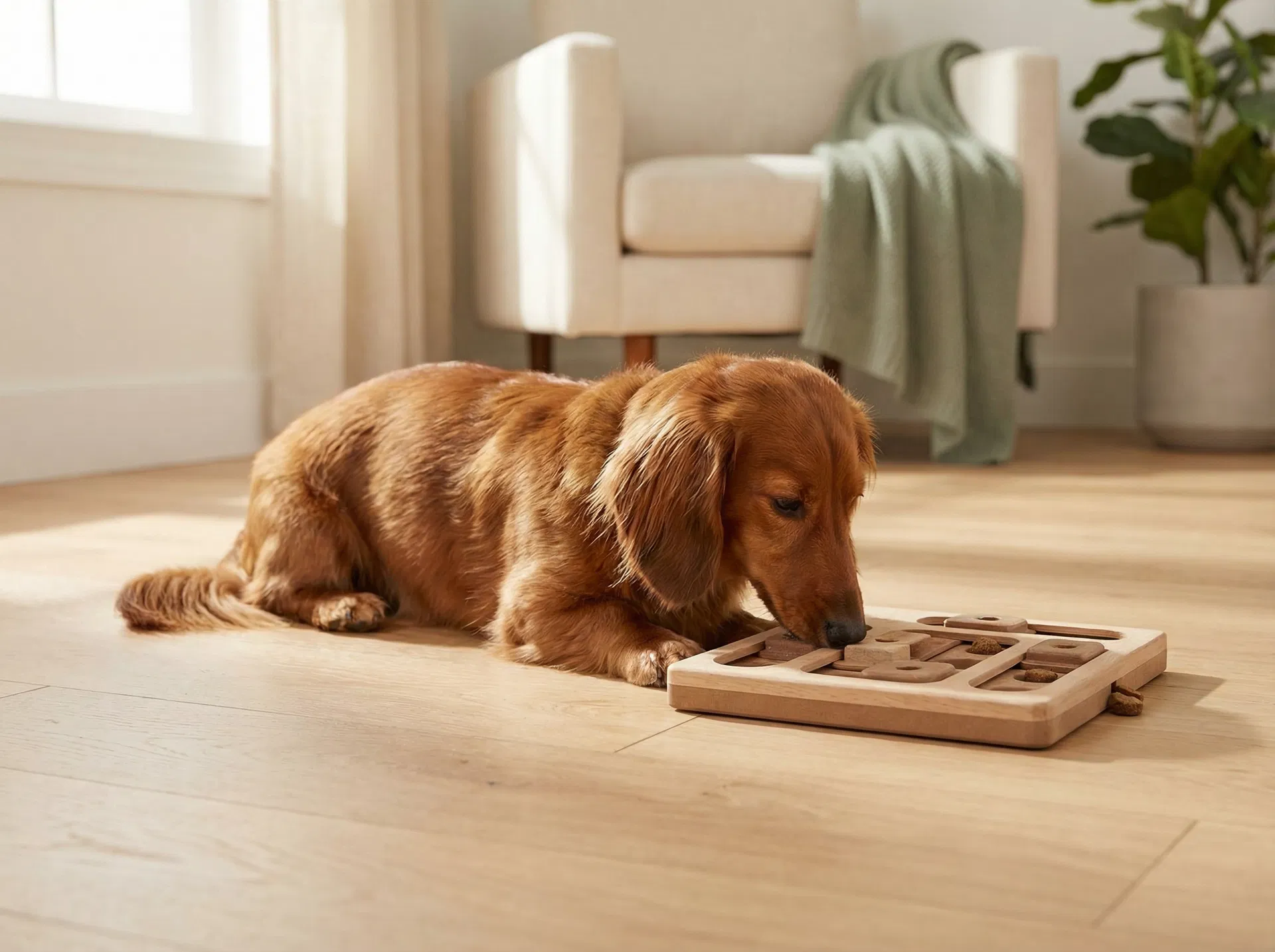 Calm dachshund doing enrichment puzzle work