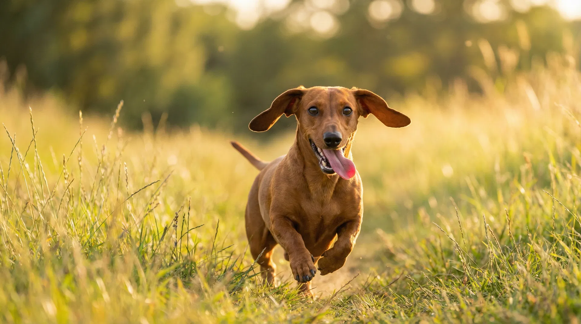 Happy, healthy dachshund running through a sunlit meadow