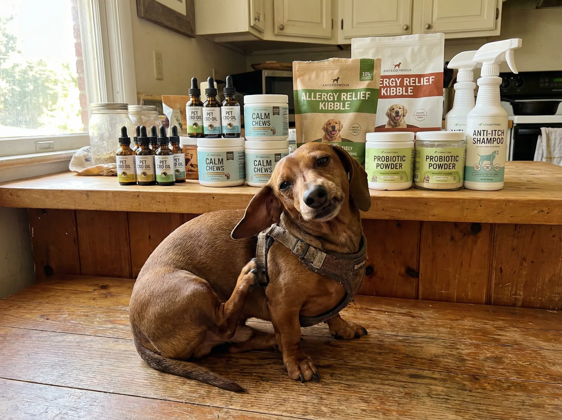 Cluttered shelf of pet supplements and calming products