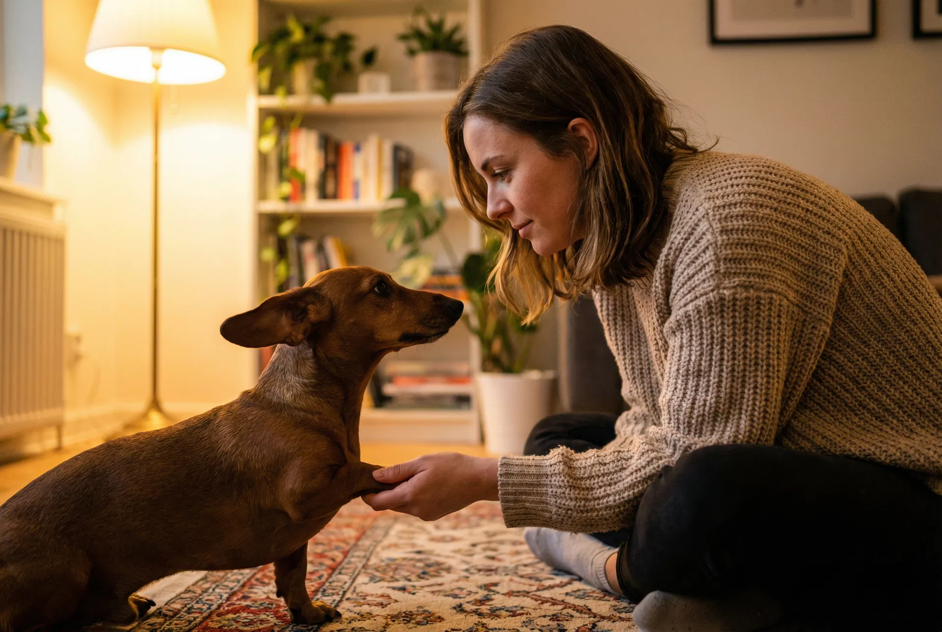 Owner communicating calmly with their dachshund