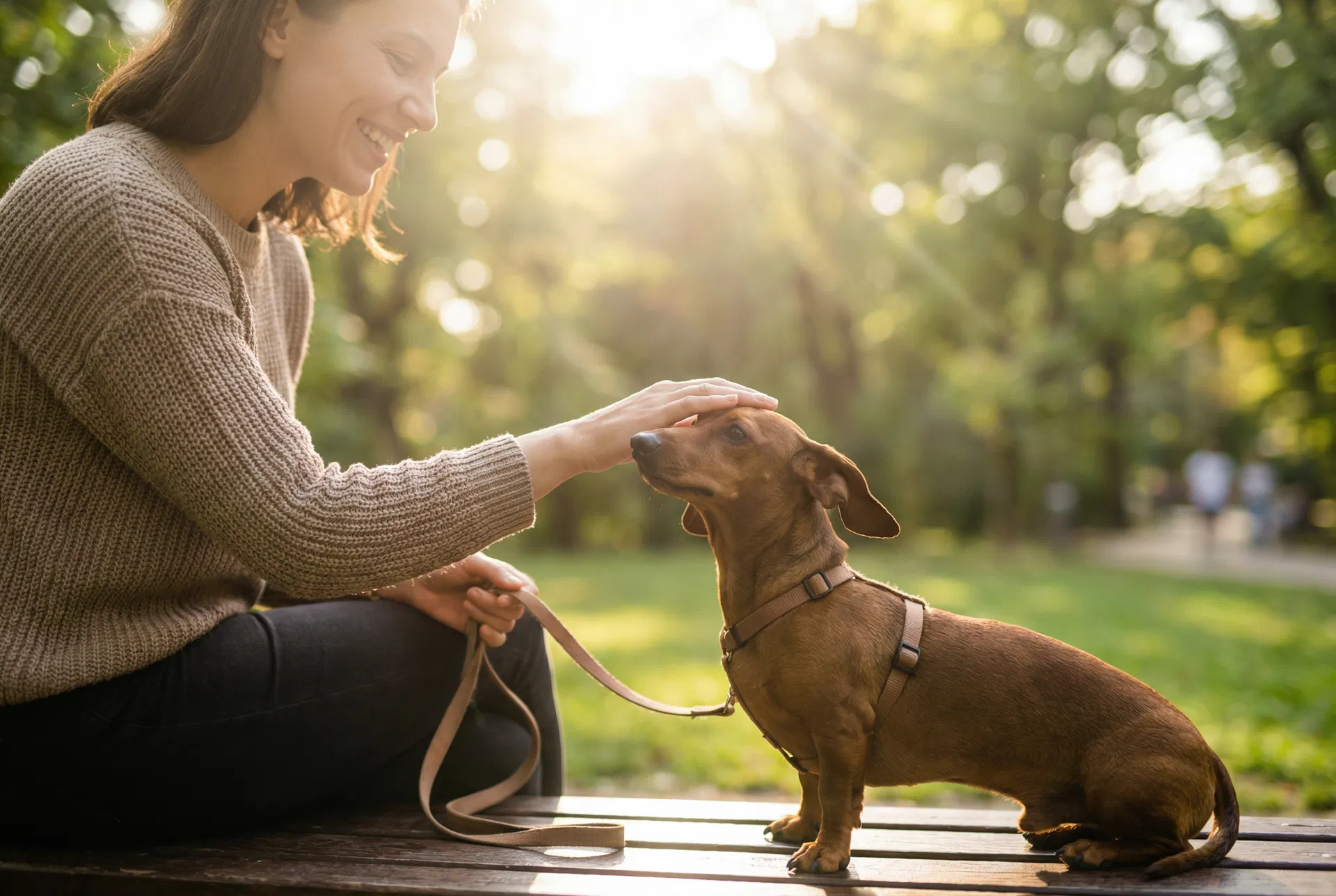 Happy, calm dachshund with relaxed owner
