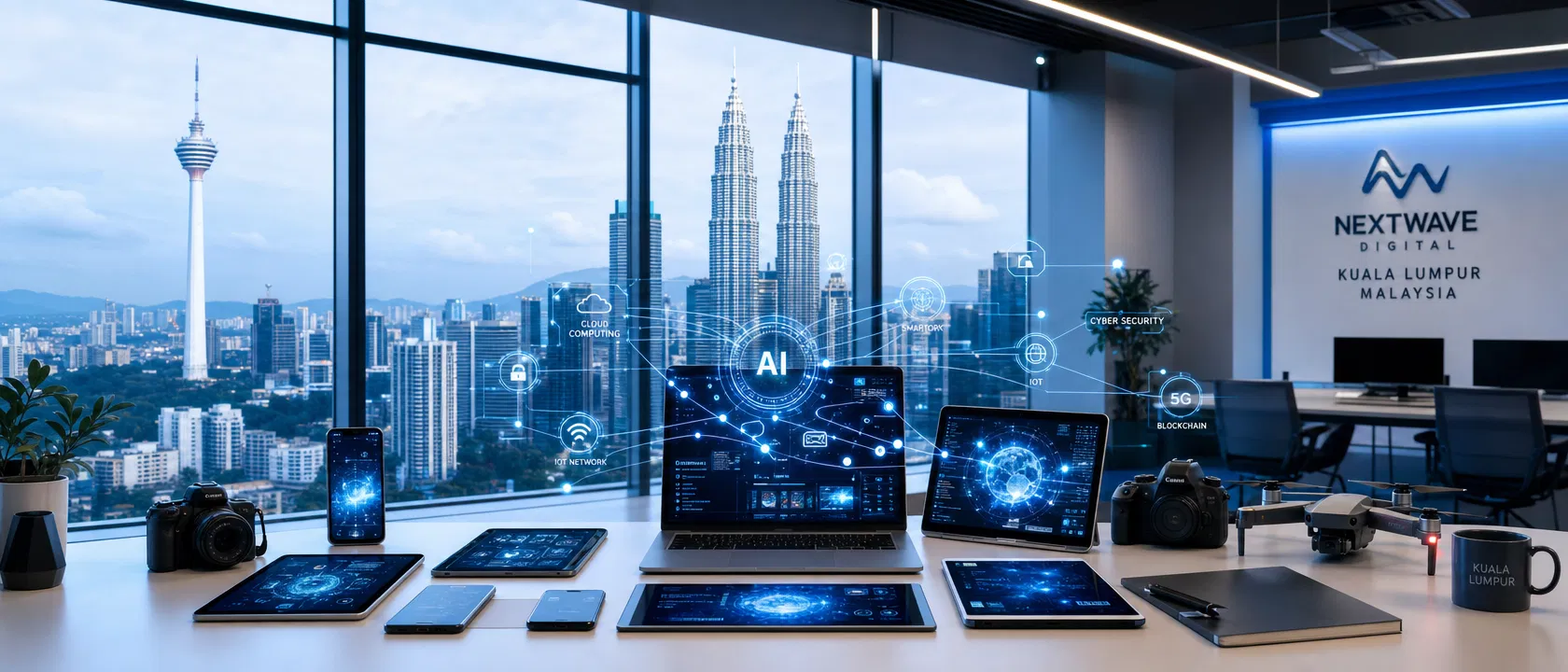 Marent technology workspace in Kuala Lumpur with modern devices and AI connectivity