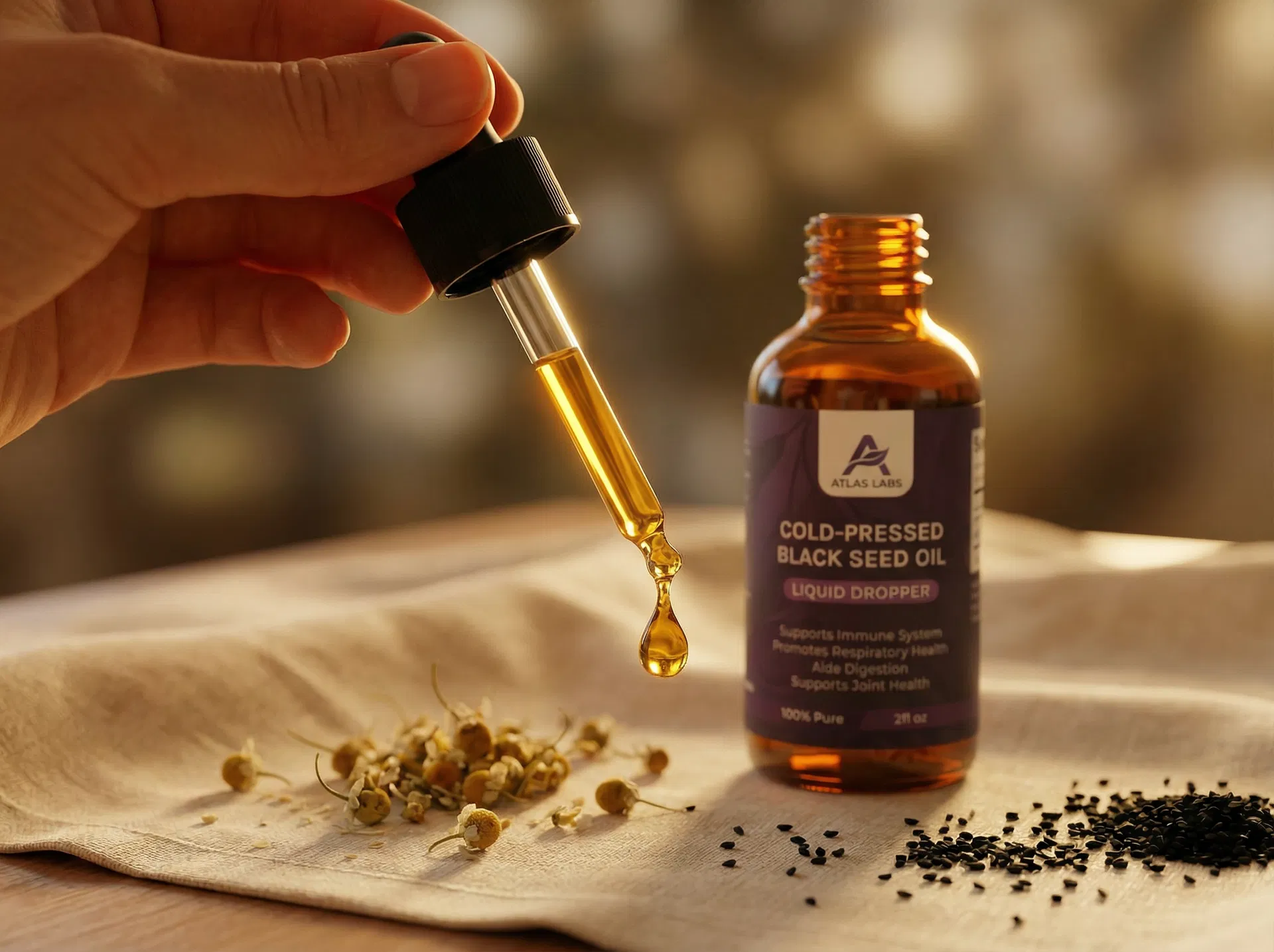 Atlas Labs Black Seed Oil — dropper in action