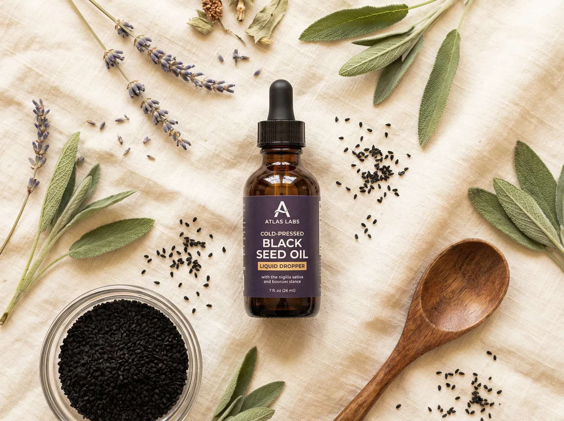 Black seeds, herbs, and dropper bottle flat lay