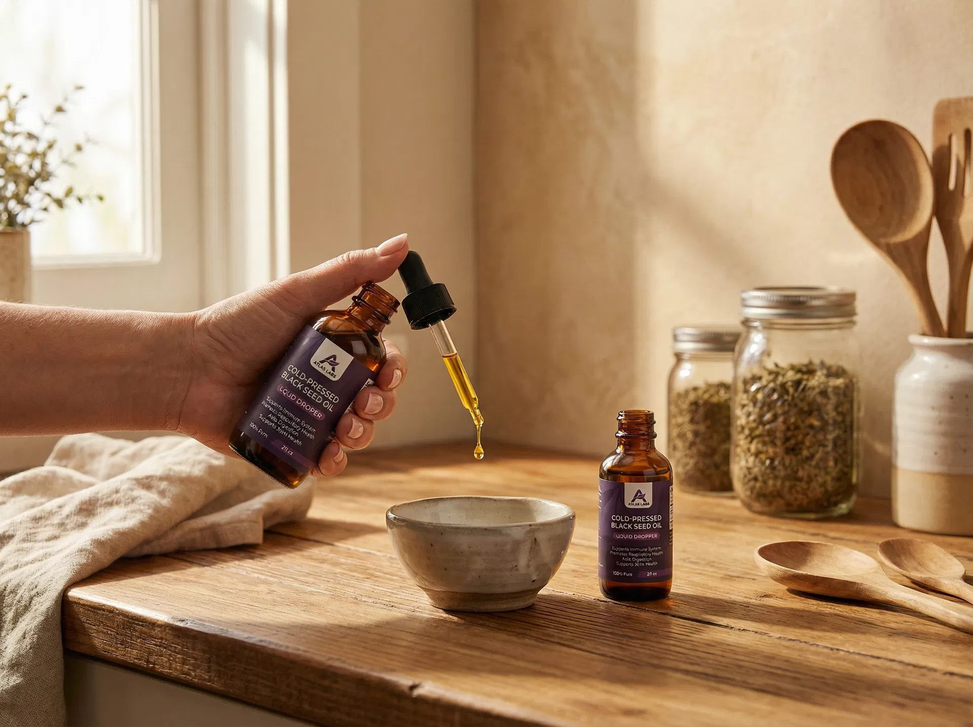 Woman feeling energetic and healthy in her kitchen