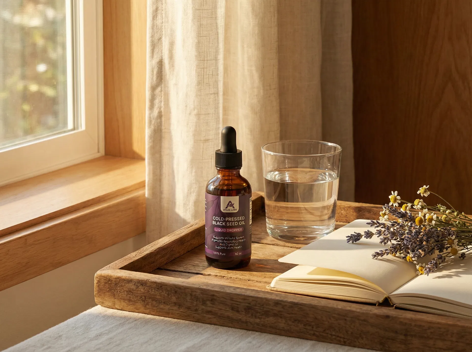 Atlas Labs Black Seed Oil morning ritual — bottle on wooden tray