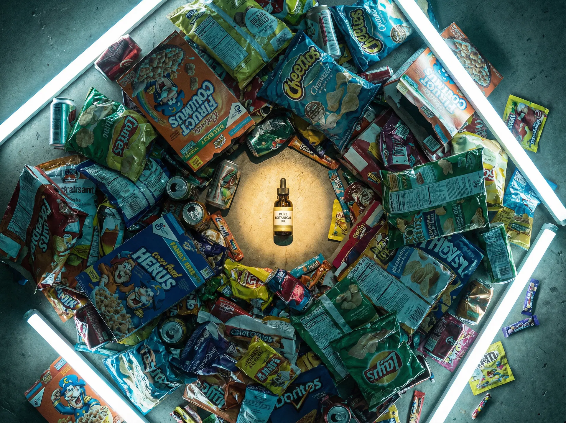 Ultra-processed American food surrounding a single bottle of pure oil