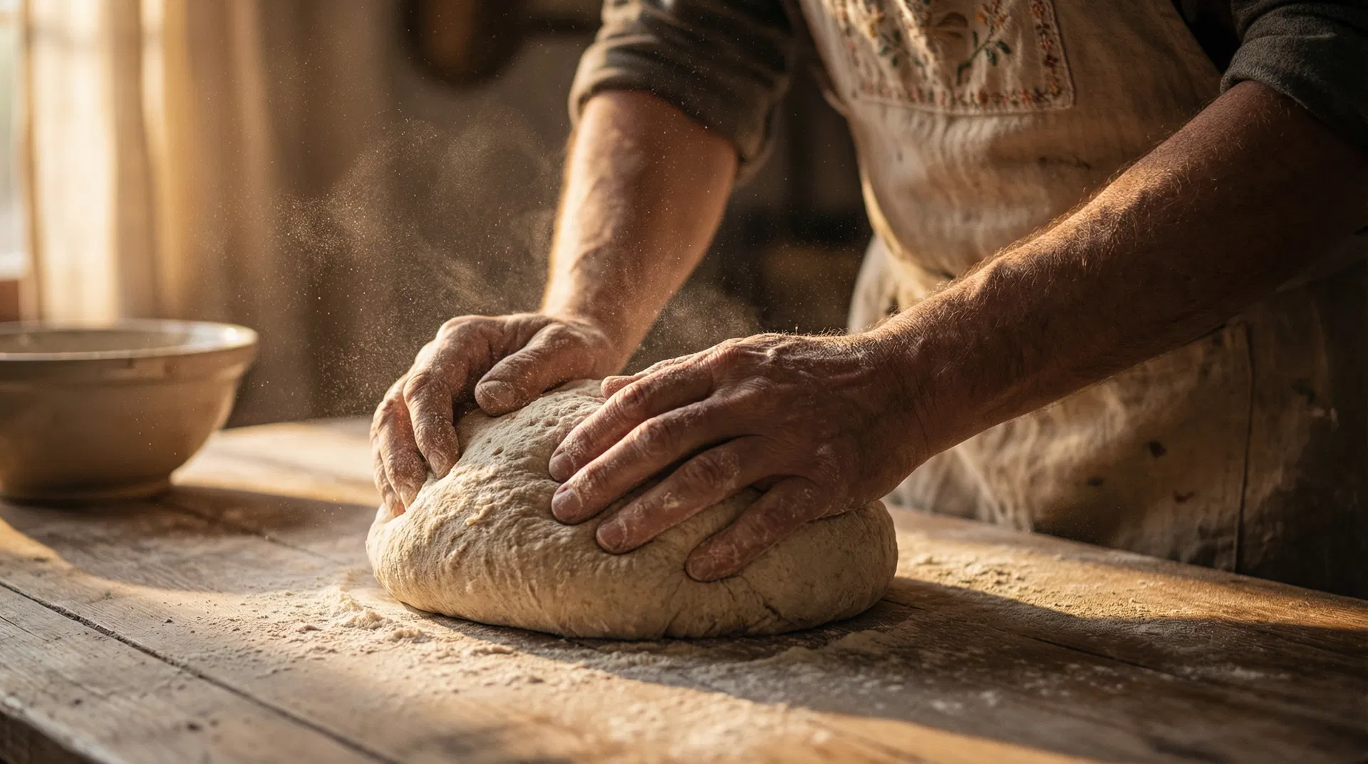 Artisan boulanger pétrissant la pâte